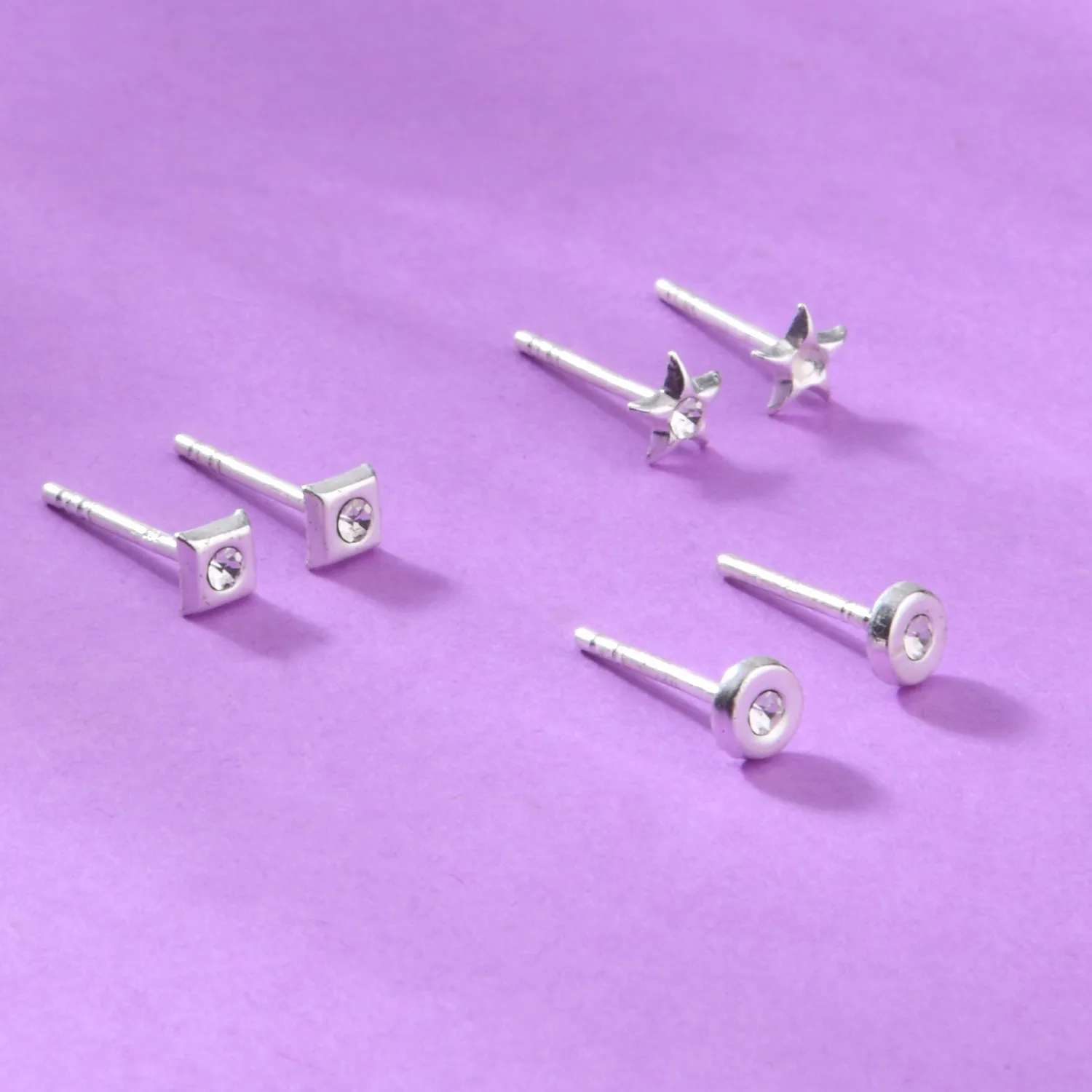 925 Pure Sterling Silver Set Of 3 Crystal Shaped Stud Earring Set