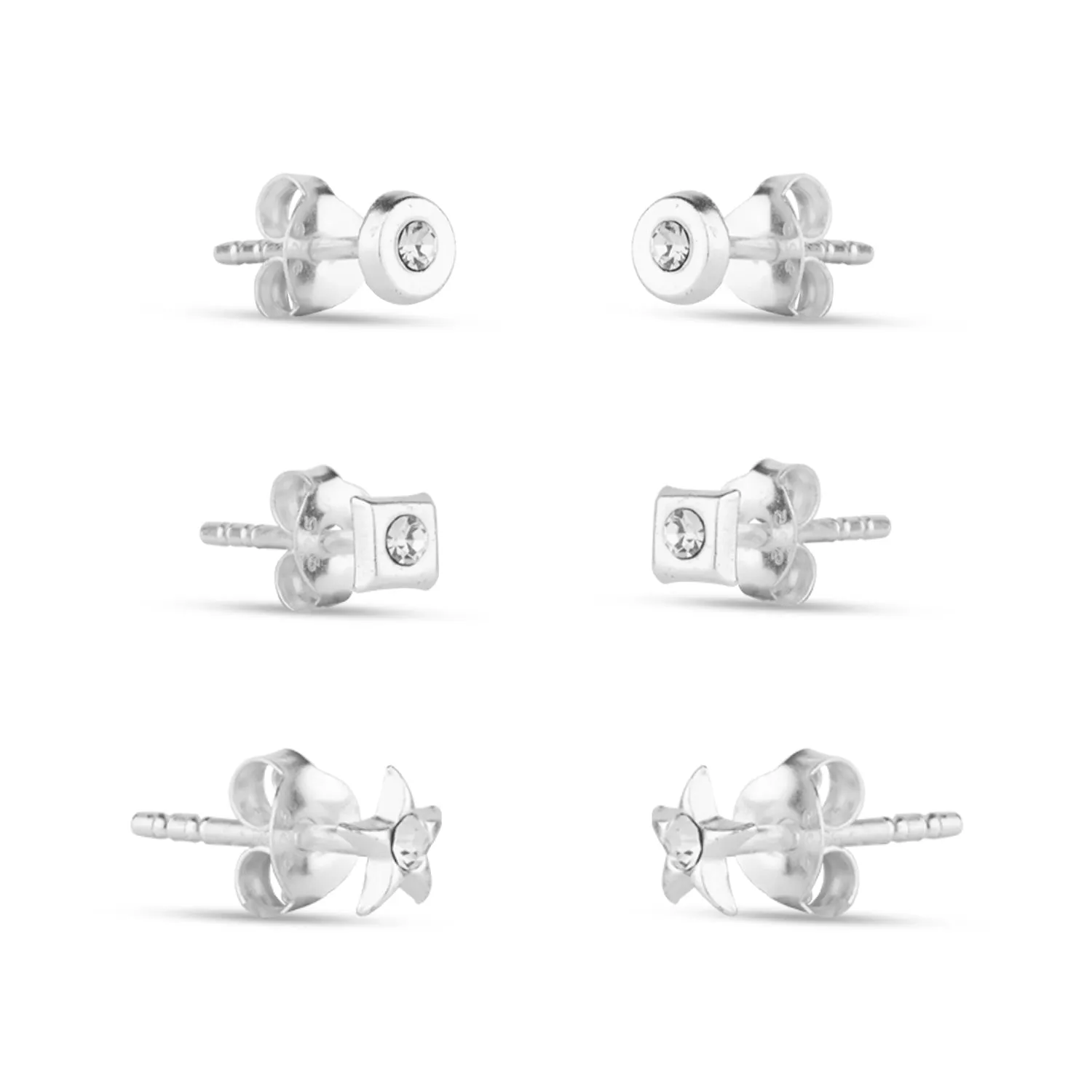 925 Pure Sterling Silver Set Of 3 Crystal Shaped Stud Earring Set