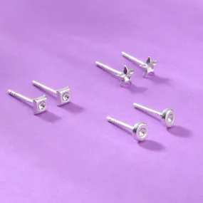 925 Pure Sterling Silver Set Of 3 Crystal Shaped Stud Earring Set