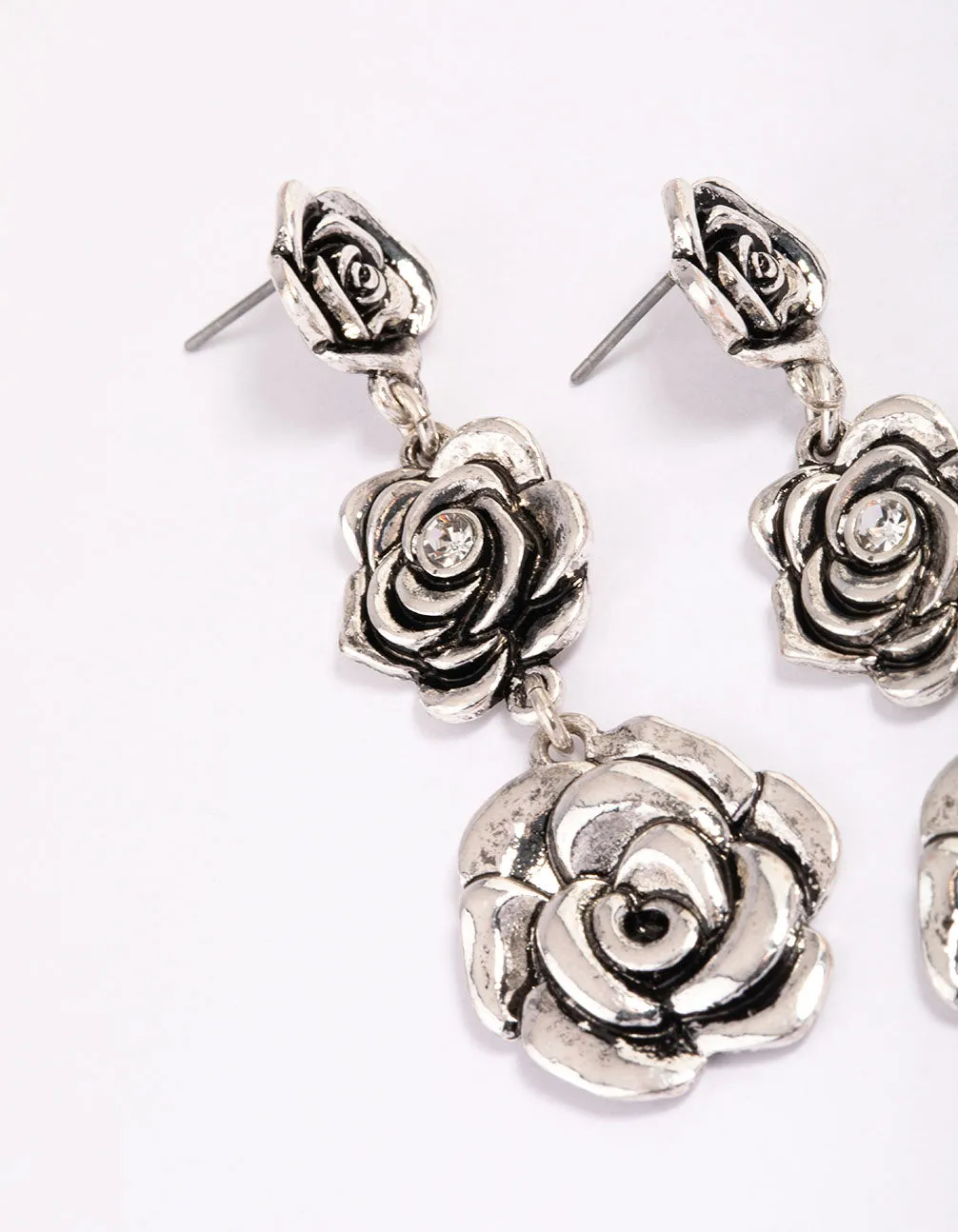 Antique Silver Triple Row Diamante Flower Drop Earrings