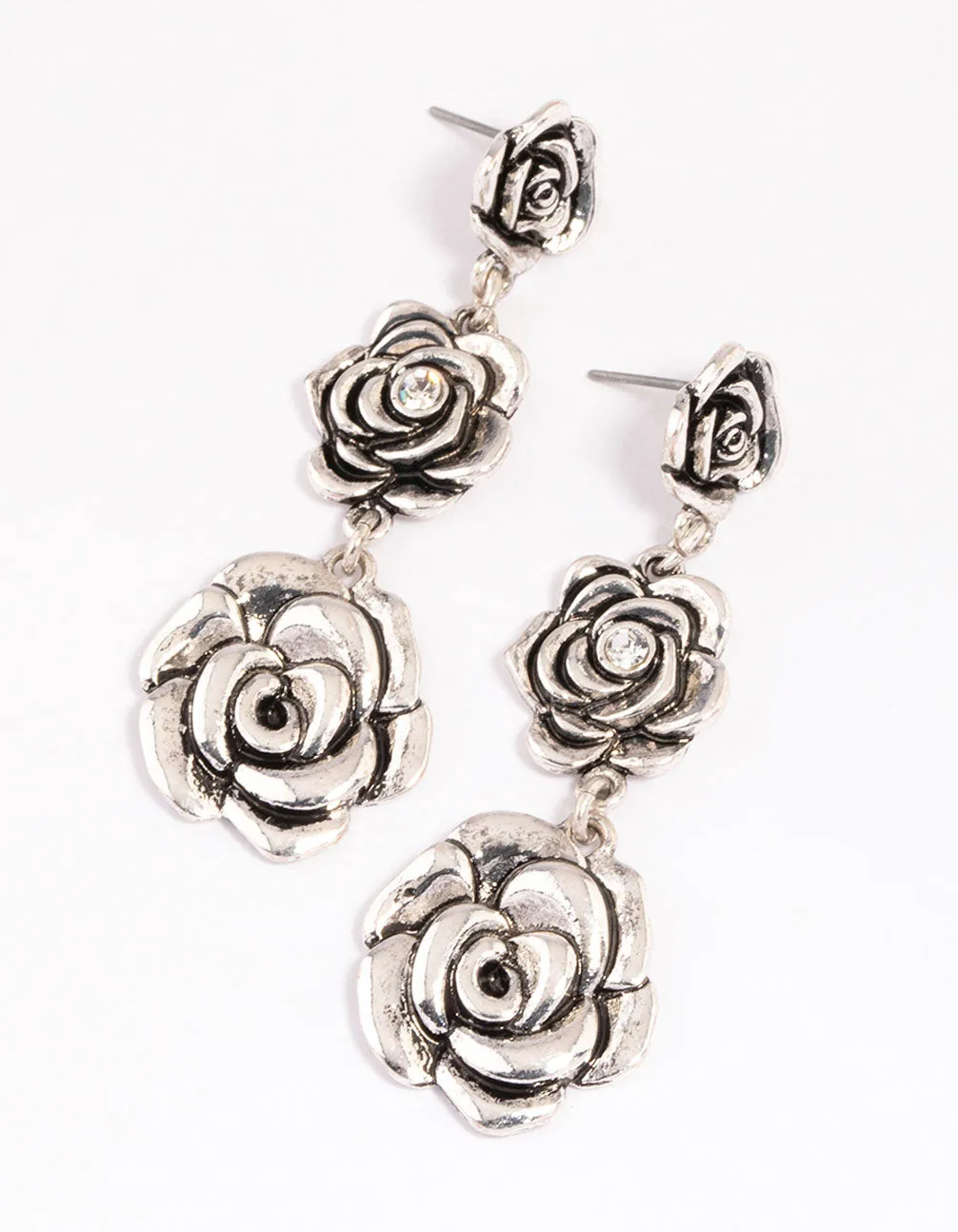 Antique Silver Triple Row Diamante Flower Drop Earrings