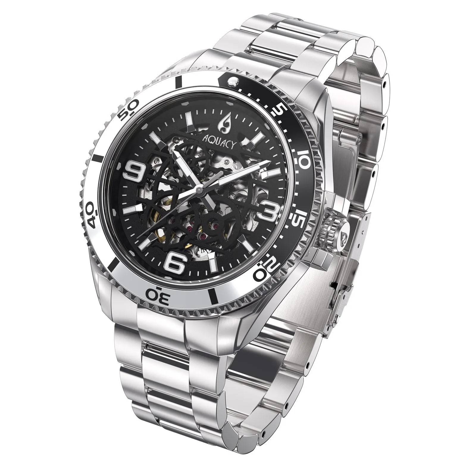 Aquacy Hei Matau Skeleton Watch 200M Black Dial Silver/Black Bezel Men's Automatic