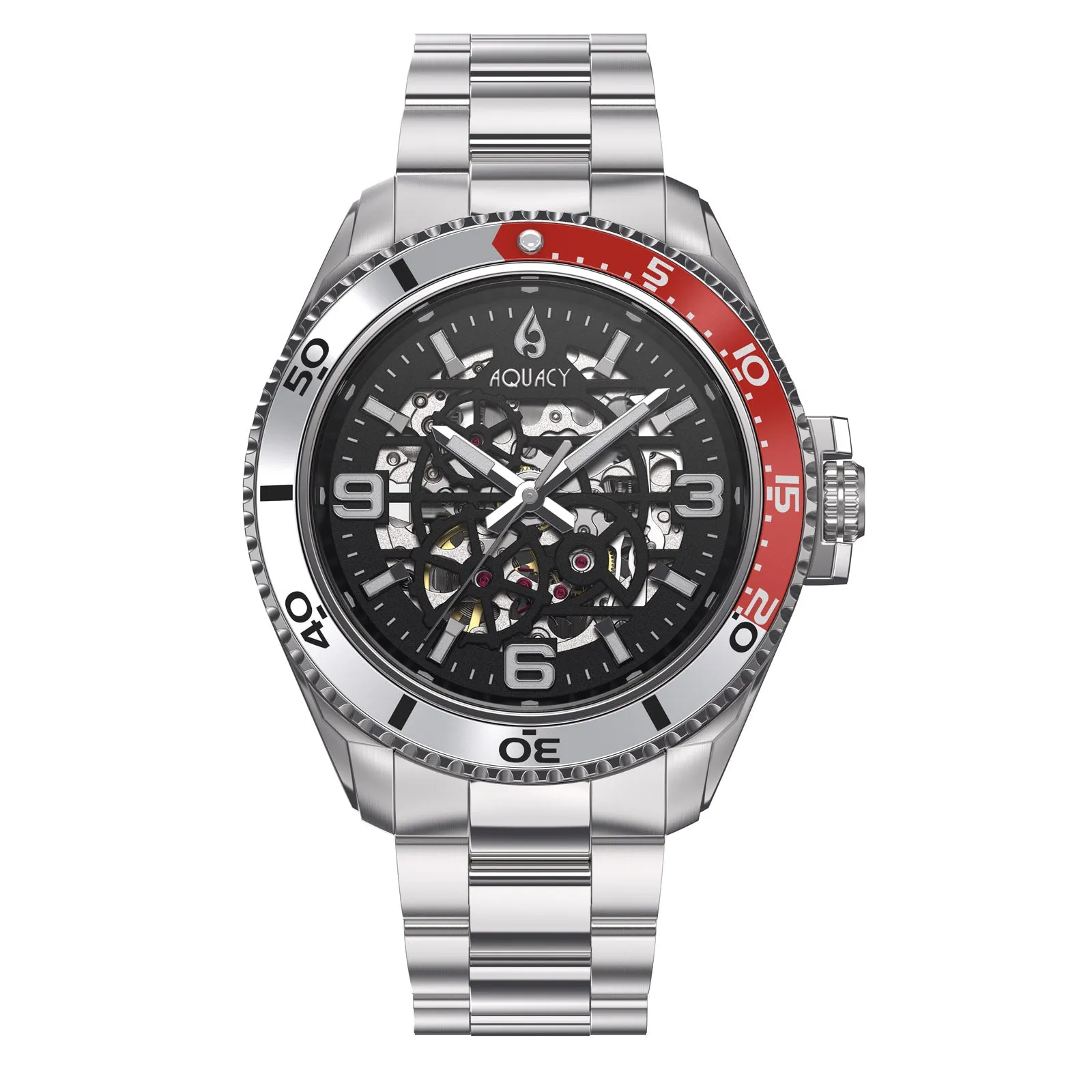 Aquacy Hei Matau Skeleton Watch 200M Black Dial Silver/Red Bezel Men's Automatic