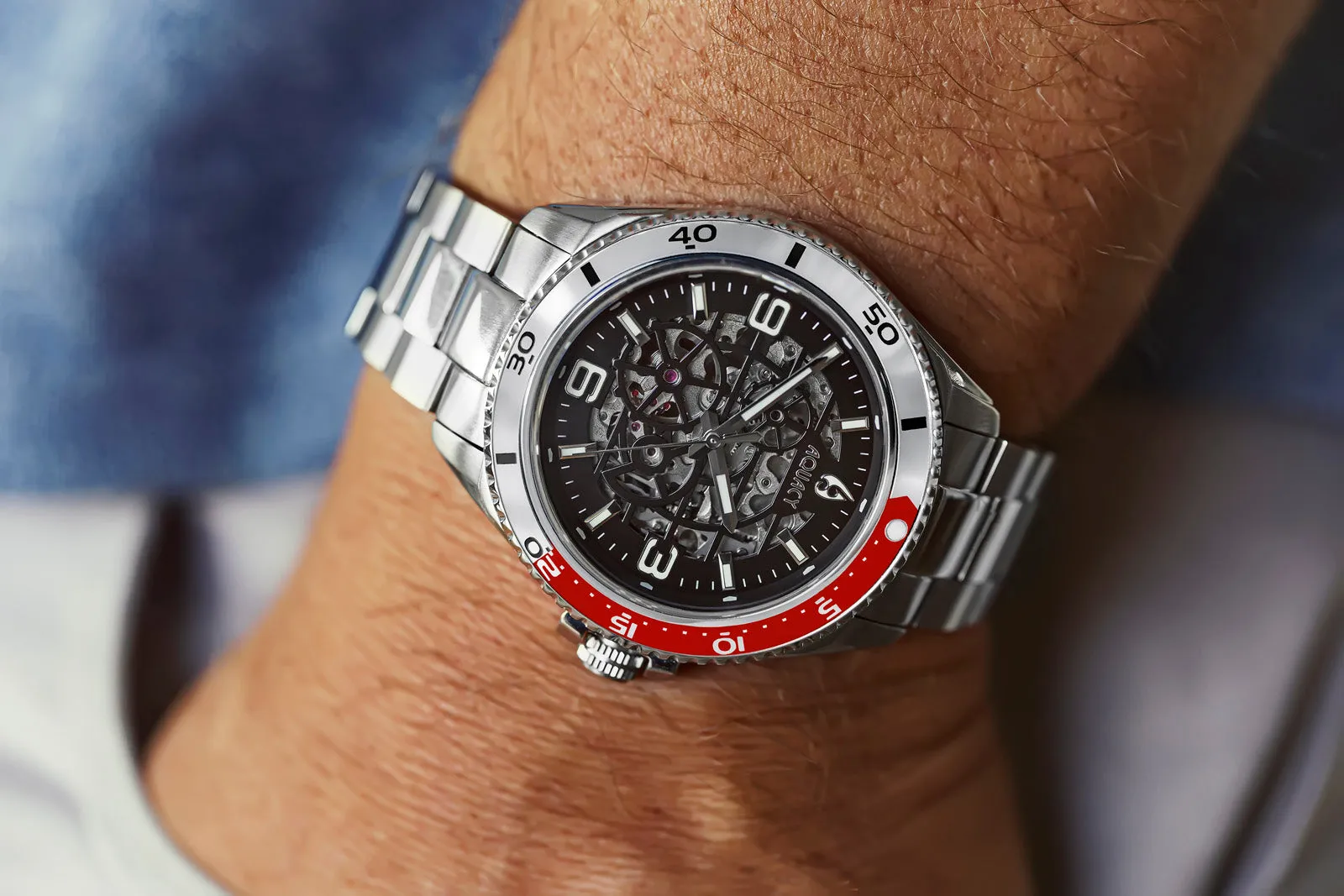 Aquacy Hei Matau Skeleton Watch 200M Black Dial Silver/Red Bezel Men's Automatic