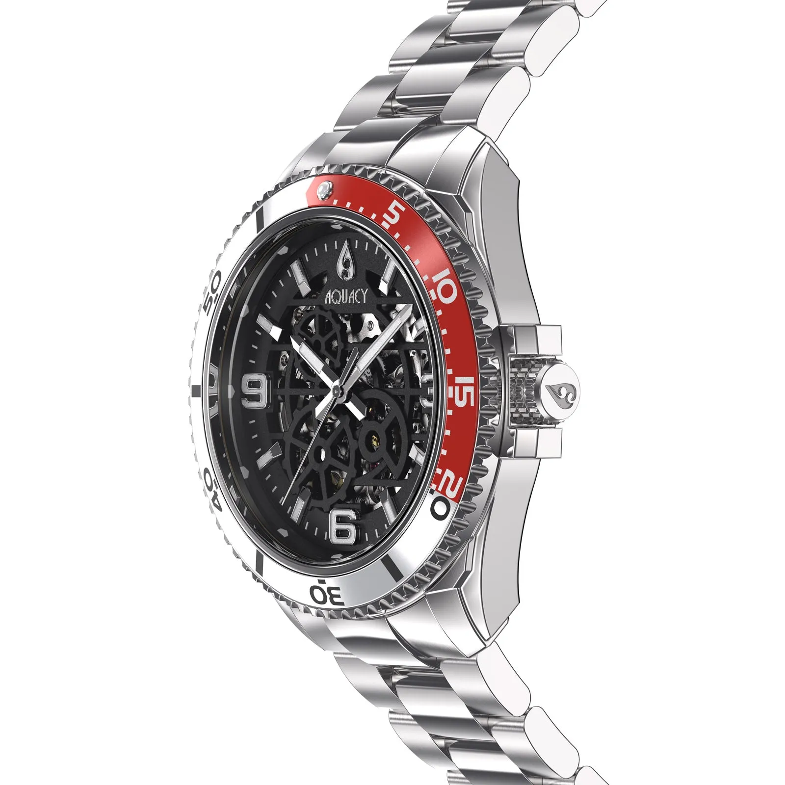 Aquacy Hei Matau Skeleton Watch 200M Black Dial Silver/Red Bezel Men's Automatic