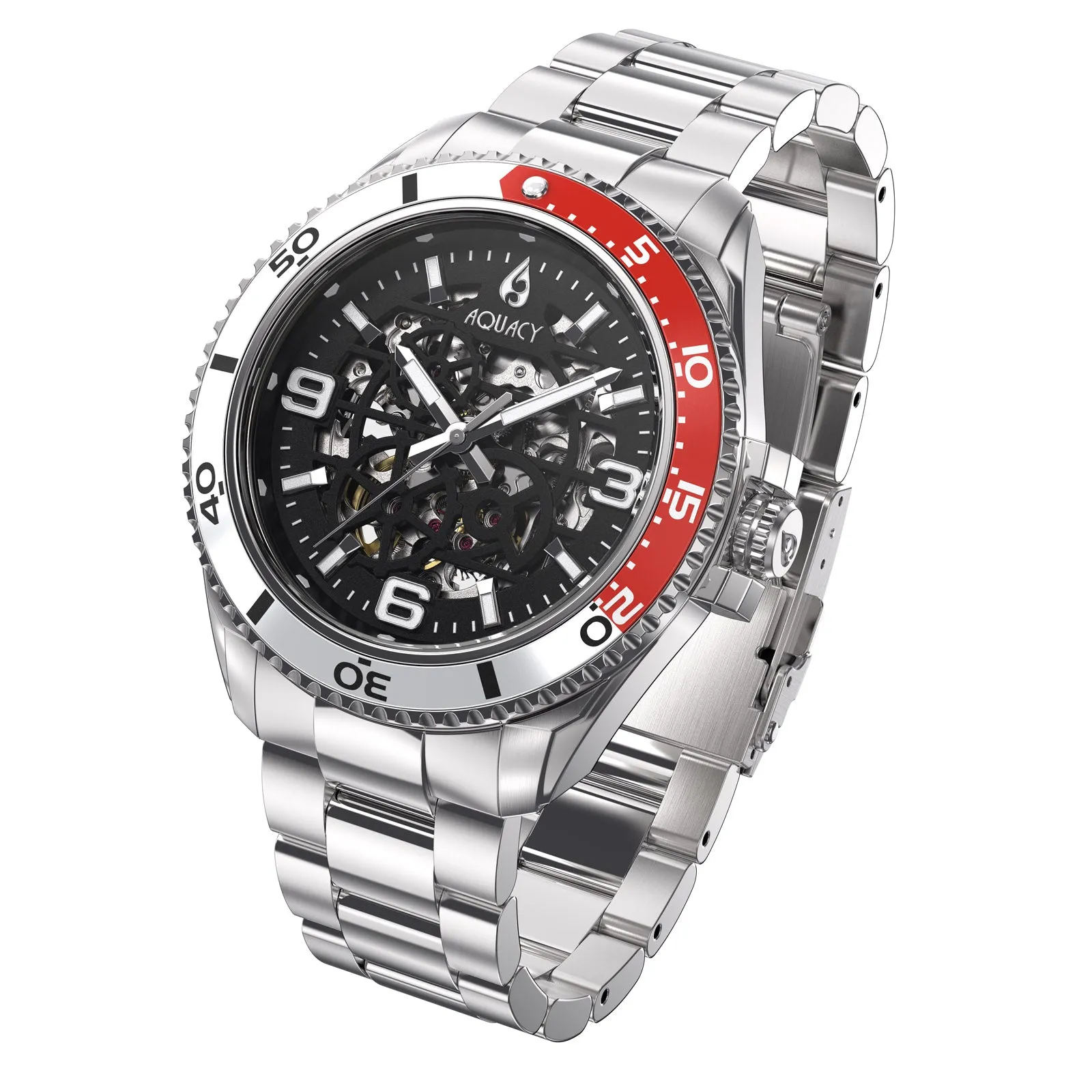 Aquacy Hei Matau Skeleton Watch 200M Black Dial Silver/Red Bezel Men's Automatic