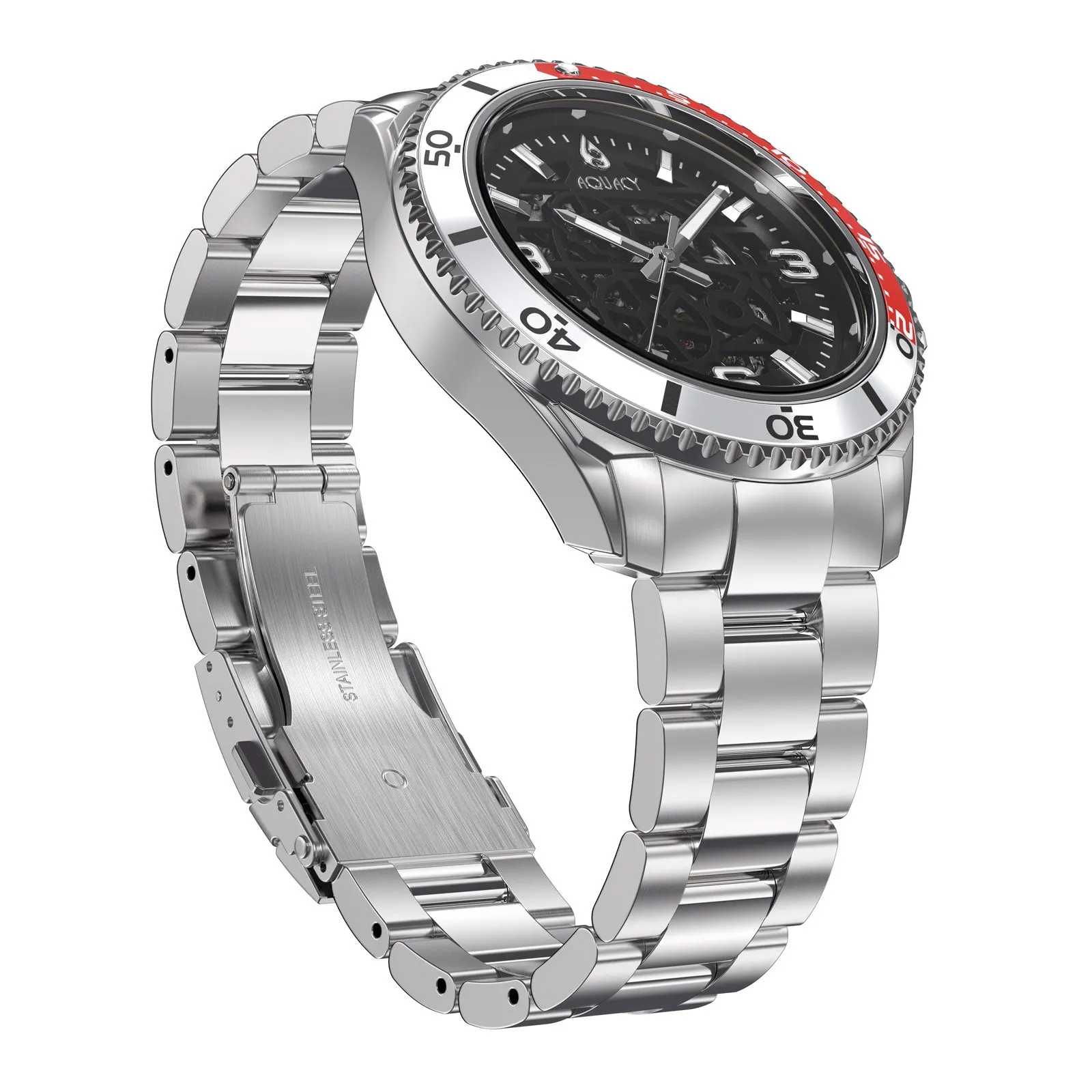 Aquacy Hei Matau Skeleton Watch 200M Black Dial Silver/Red Bezel Men's Automatic