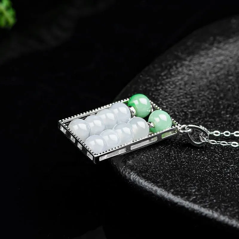 Authentic Jade Abacus Necklace Natural Jadeite An abacus Pendant S925 silver inlay Cubic Zirconia Chinese Round Type A Jadeite Pendant