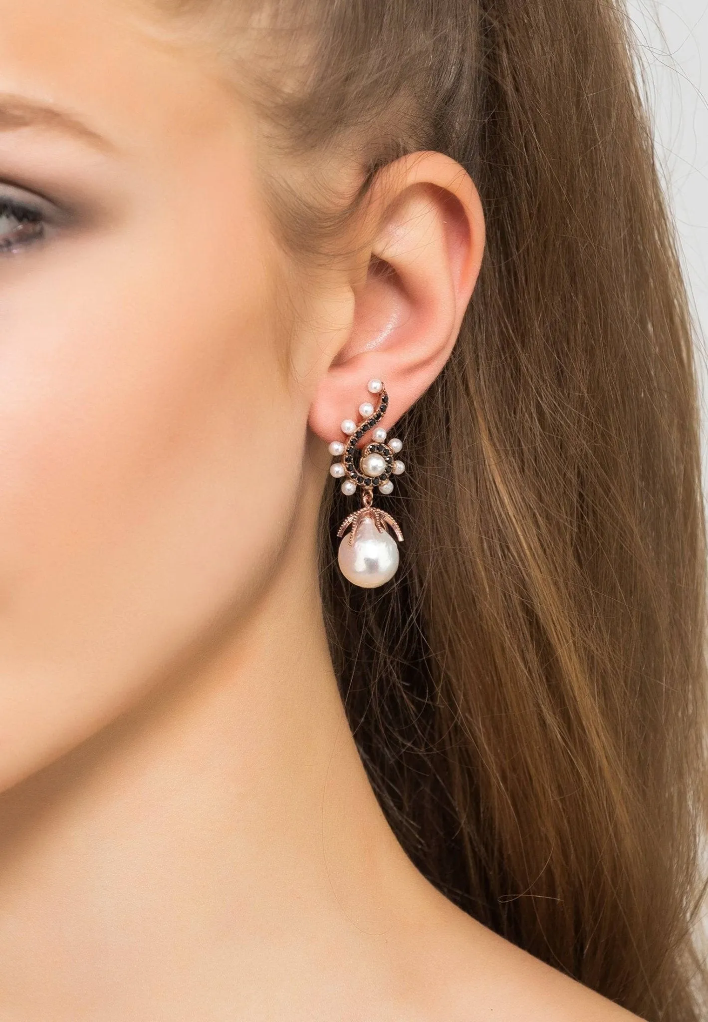 Baroque Pearl Poseidon Gemstone Drop Earrings Black Rosegold