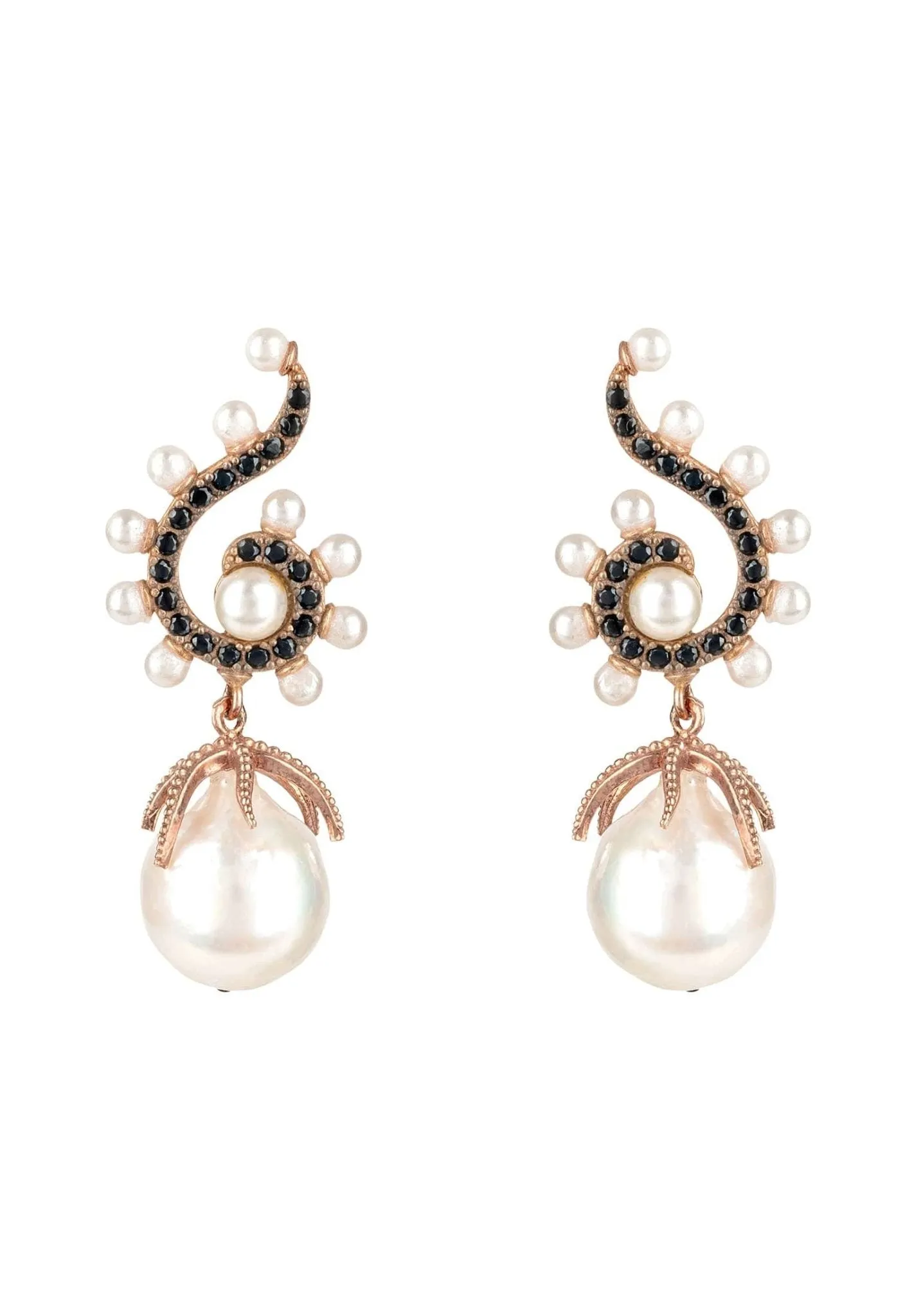 Baroque Pearl Poseidon Gemstone Drop Earrings Black Rosegold