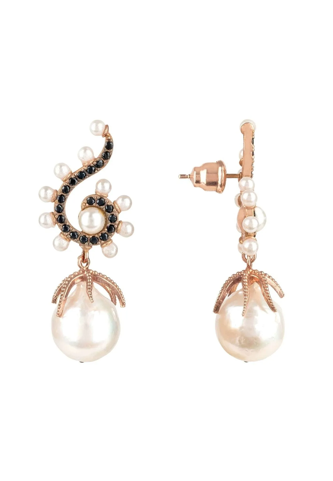 Baroque Pearl Poseidon Gemstone Drop Earrings Black Rosegold