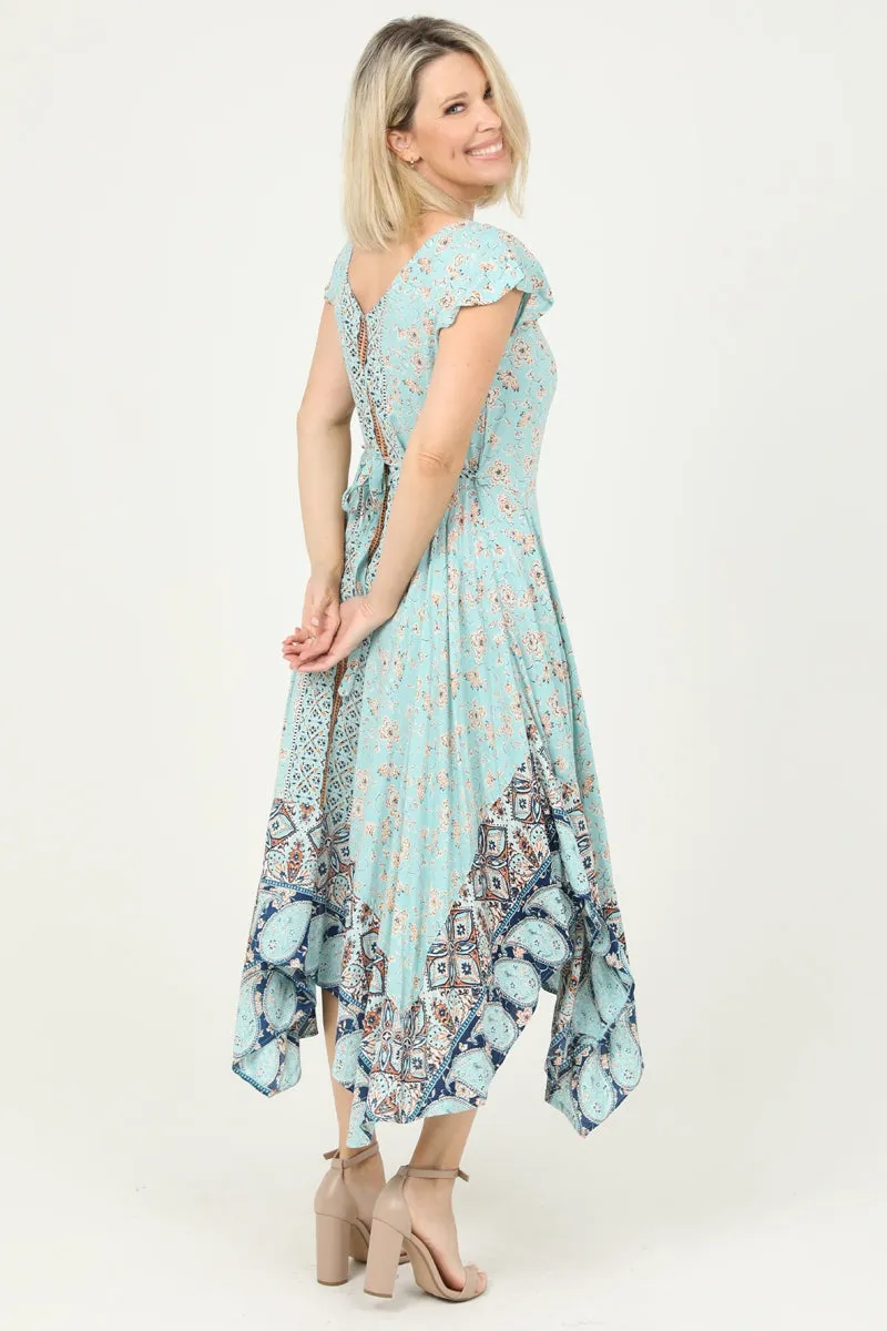 Beautiful Aqua Print Dress with Hanky Hem