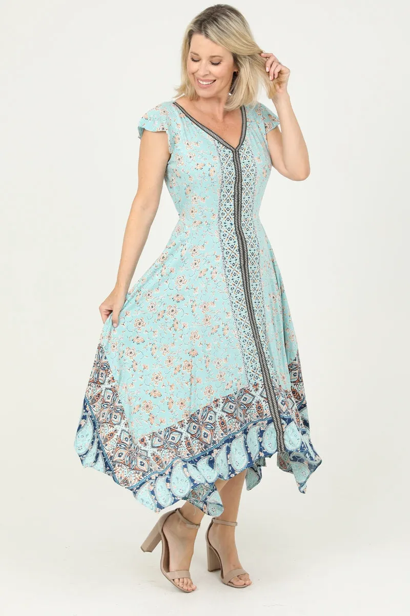 Beautiful Aqua Print Dress with Hanky Hem