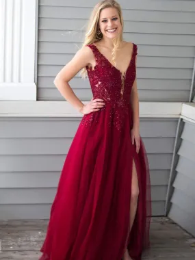 Beautiful Tulle V-neck Neckline Floor-length A-line Prom Dresses With Beaded Appliques PD039