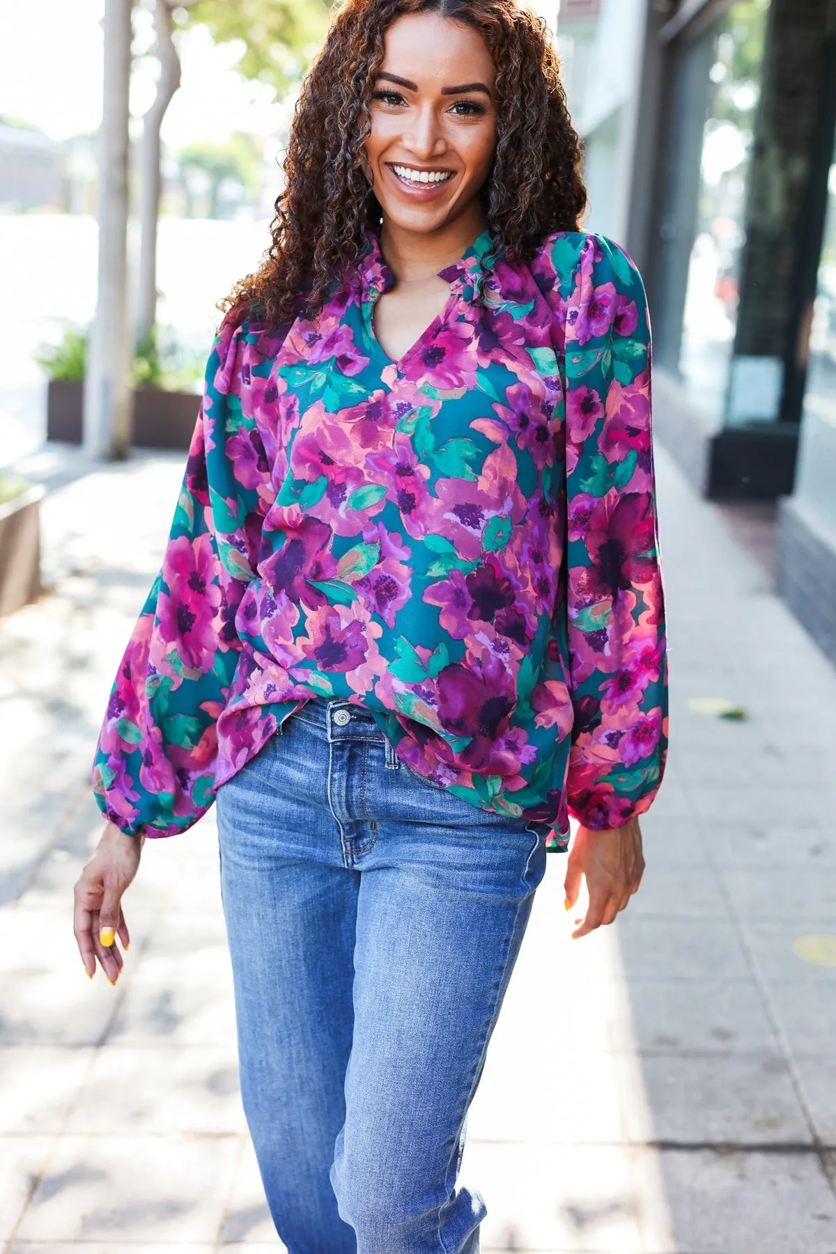 Beautiful You Watercolor Floral Print Notch Neck Top