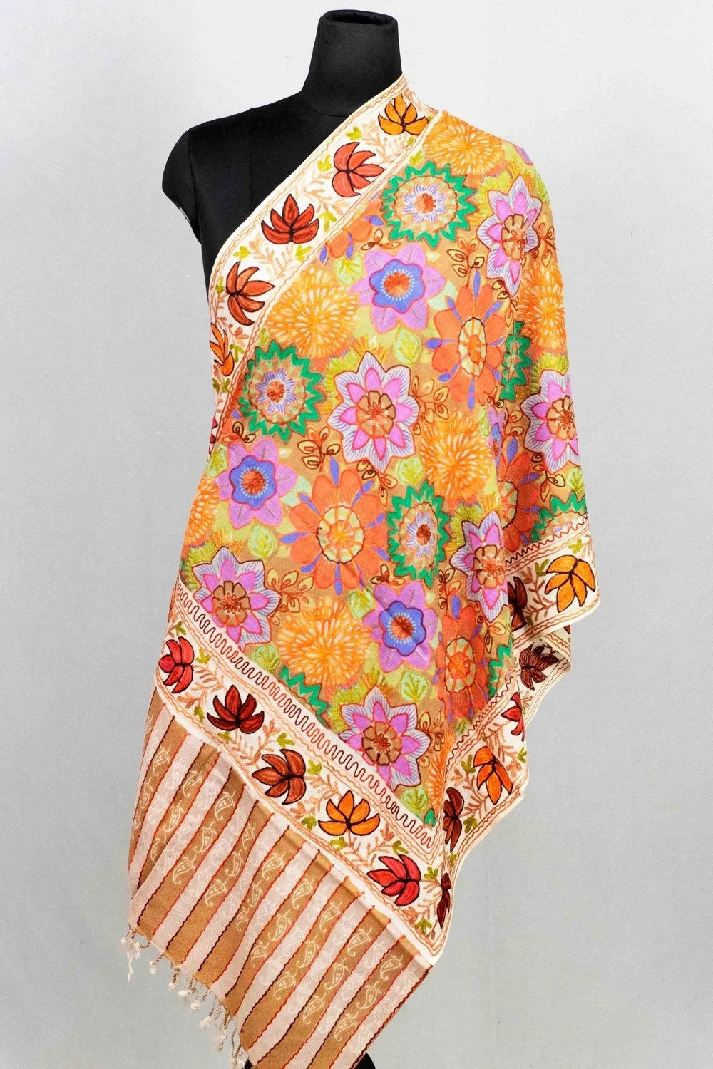 Beige & White Pastel Multicolor Aari Work Embroidered Stole Enriched With Running Jaal Pattern