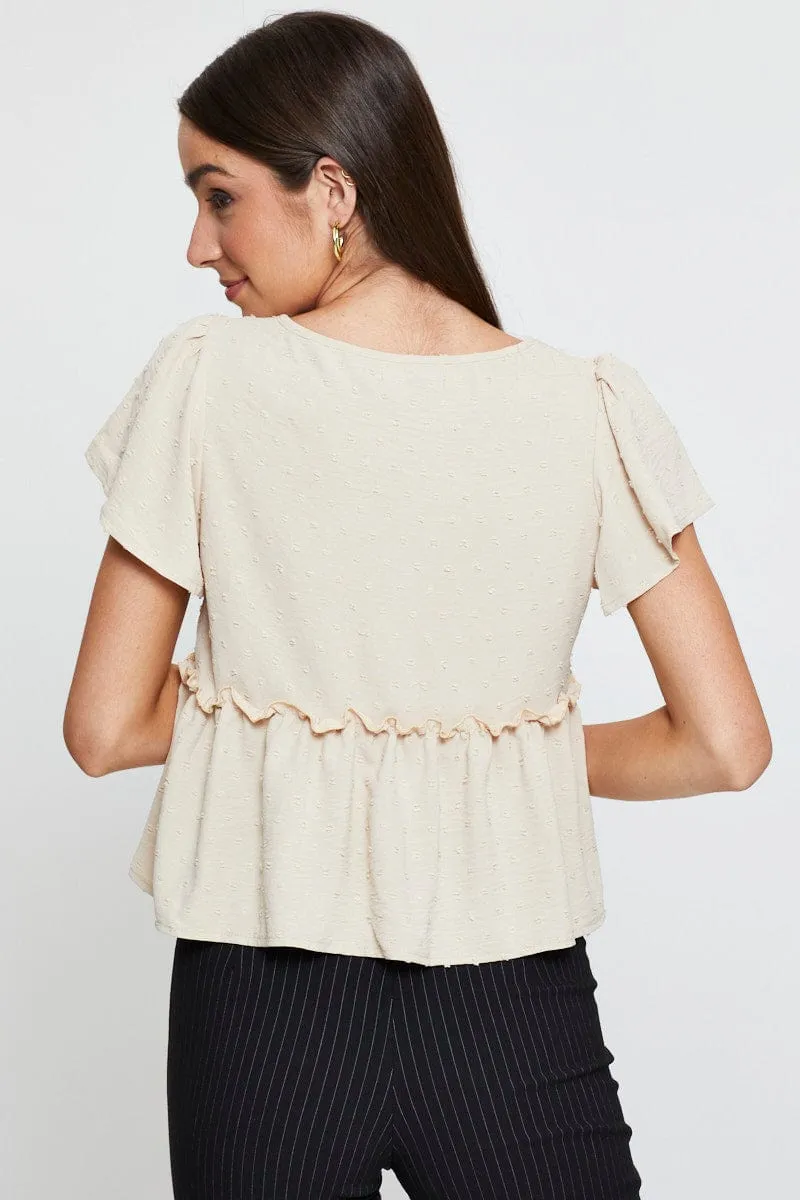 Beige Peplum Top Short Sleeve Button Front