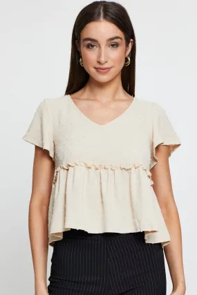 Beige Peplum Top Short Sleeve Button Front