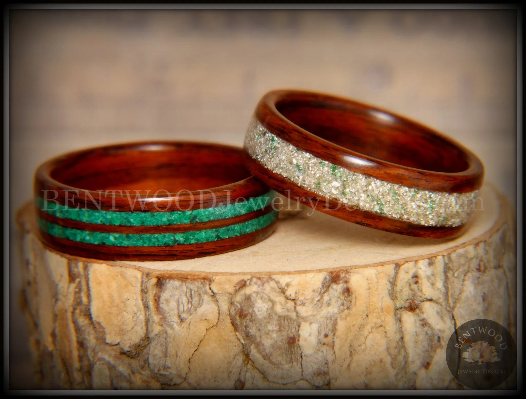 Bentwood Rings Set - Green Coupled Rosewood Wood Rings with Malachite and Silver and Green Mix German Glass Inlay