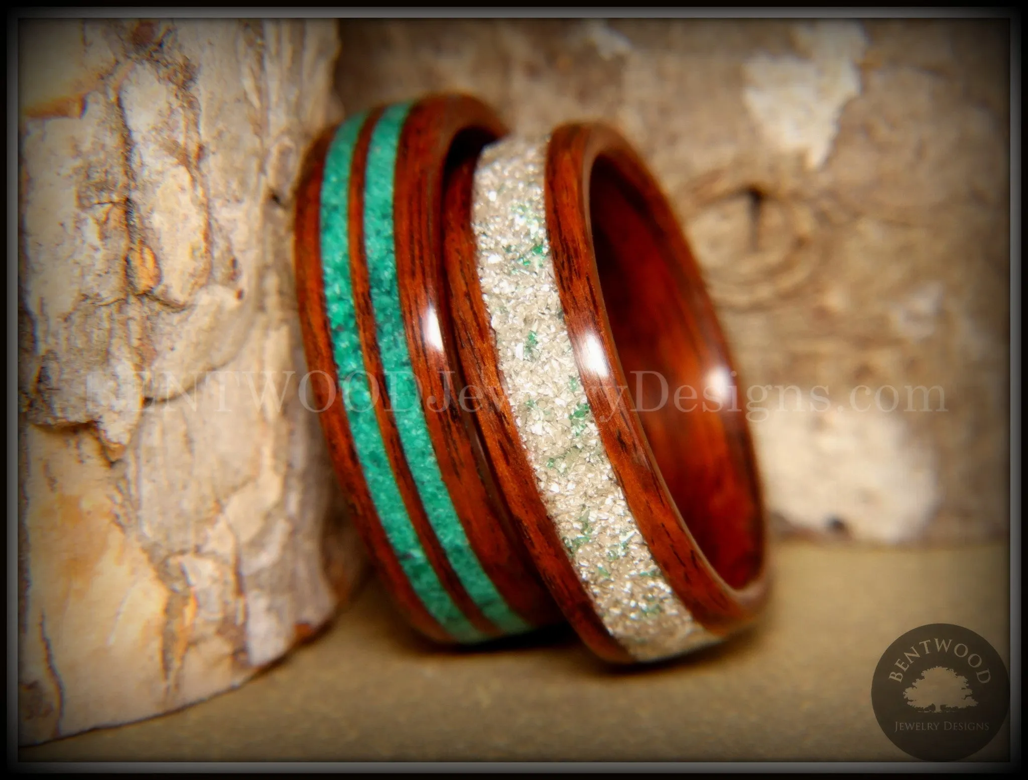 Bentwood Rings Set - Green Coupled Rosewood Wood Rings with Malachite and Silver and Green Mix German Glass Inlay