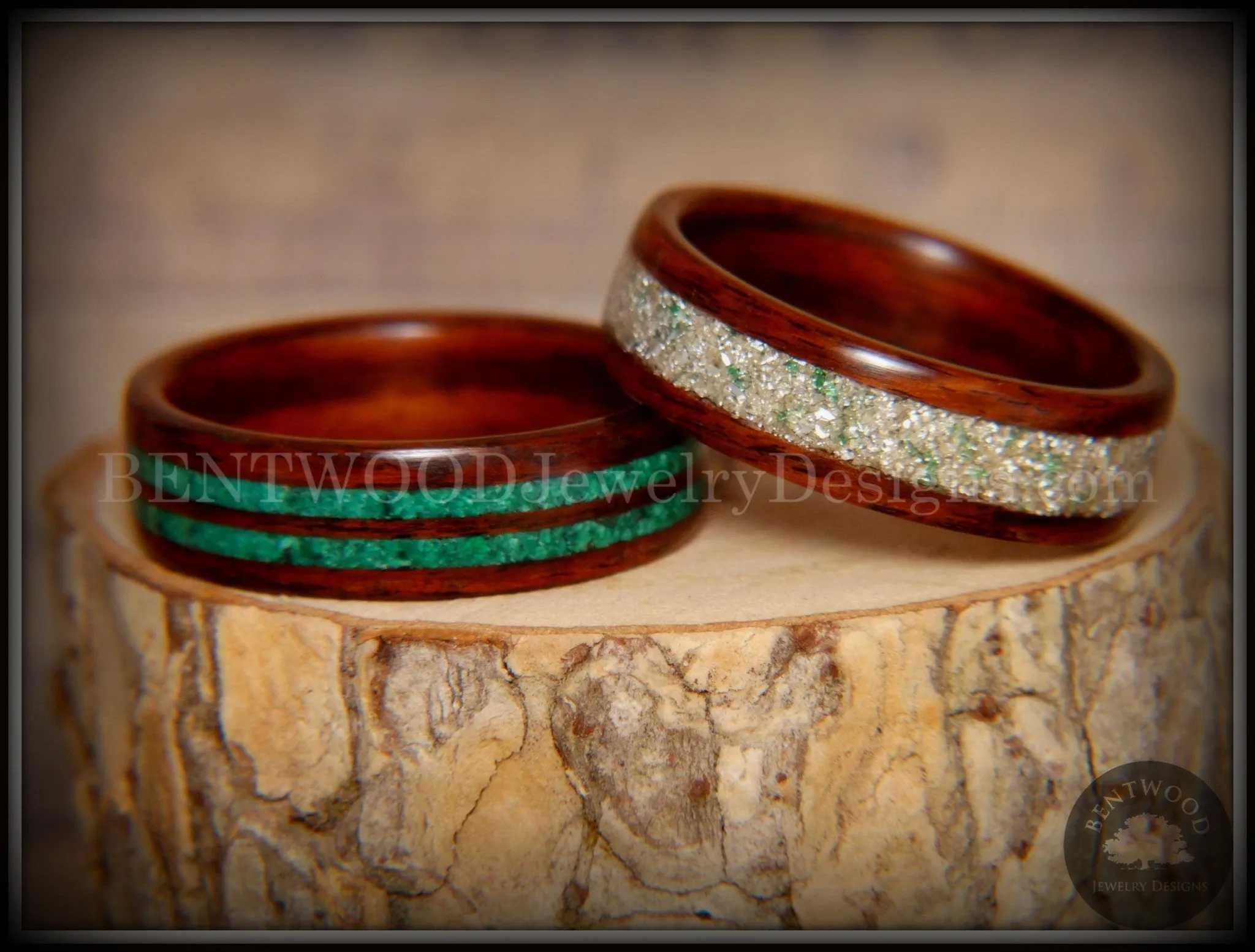 Bentwood Rings Set - Green Coupled Rosewood Wood Rings with Malachite and Silver and Green Mix German Glass Inlay