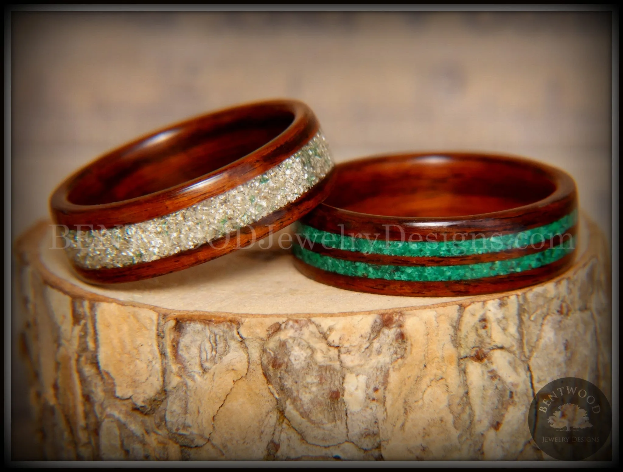 Bentwood Rings Set - Green Coupled Rosewood Wood Rings with Malachite and Silver and Green Mix German Glass Inlay