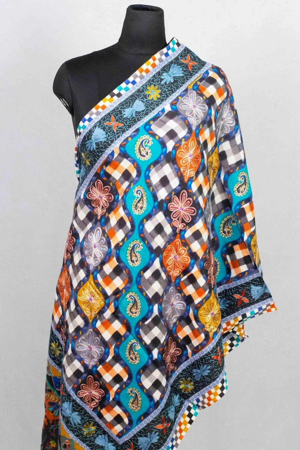 Blue & Black Multicolor Aari Work Embroidered Stole Enriched With Running Jaal Pattern