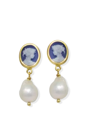 Blue Mini Cameo & Pearl Earrings