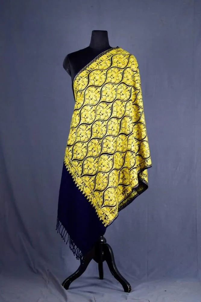 Blue With Bold Yellow Famous Mutka Jaal Aari Work Semi Pashmina Stole Crafted Impeccably