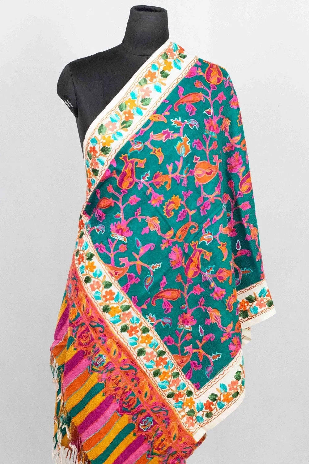 Bottle Green Multicolor Aari Work Embroidered Stole Enriched With Running Jaal Pattern