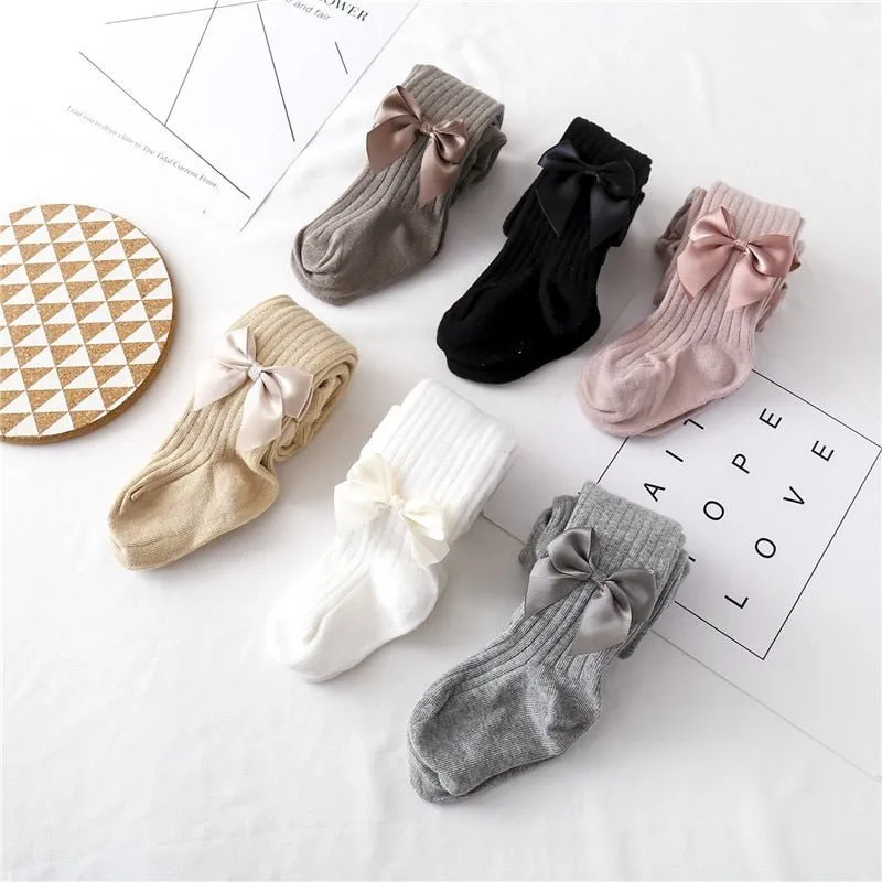 Bow Ribbed Cotton Tights for Girls