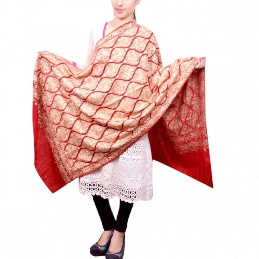 Brick Red Colour Famous Mutka Patterned Aari Work Semi Pashmina Stole Crafted Impeccably