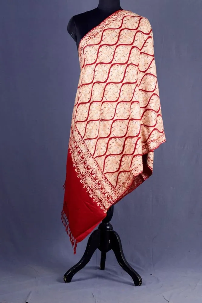 Brick Red Colour Famous Mutka Patterned Aari Work Semi Pashmina Stole Crafted Impeccably