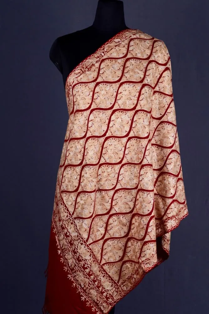 Brick Red Colour Famous Mutka Patterned Aari Work Semi Pashmina Stole Crafted Impeccably