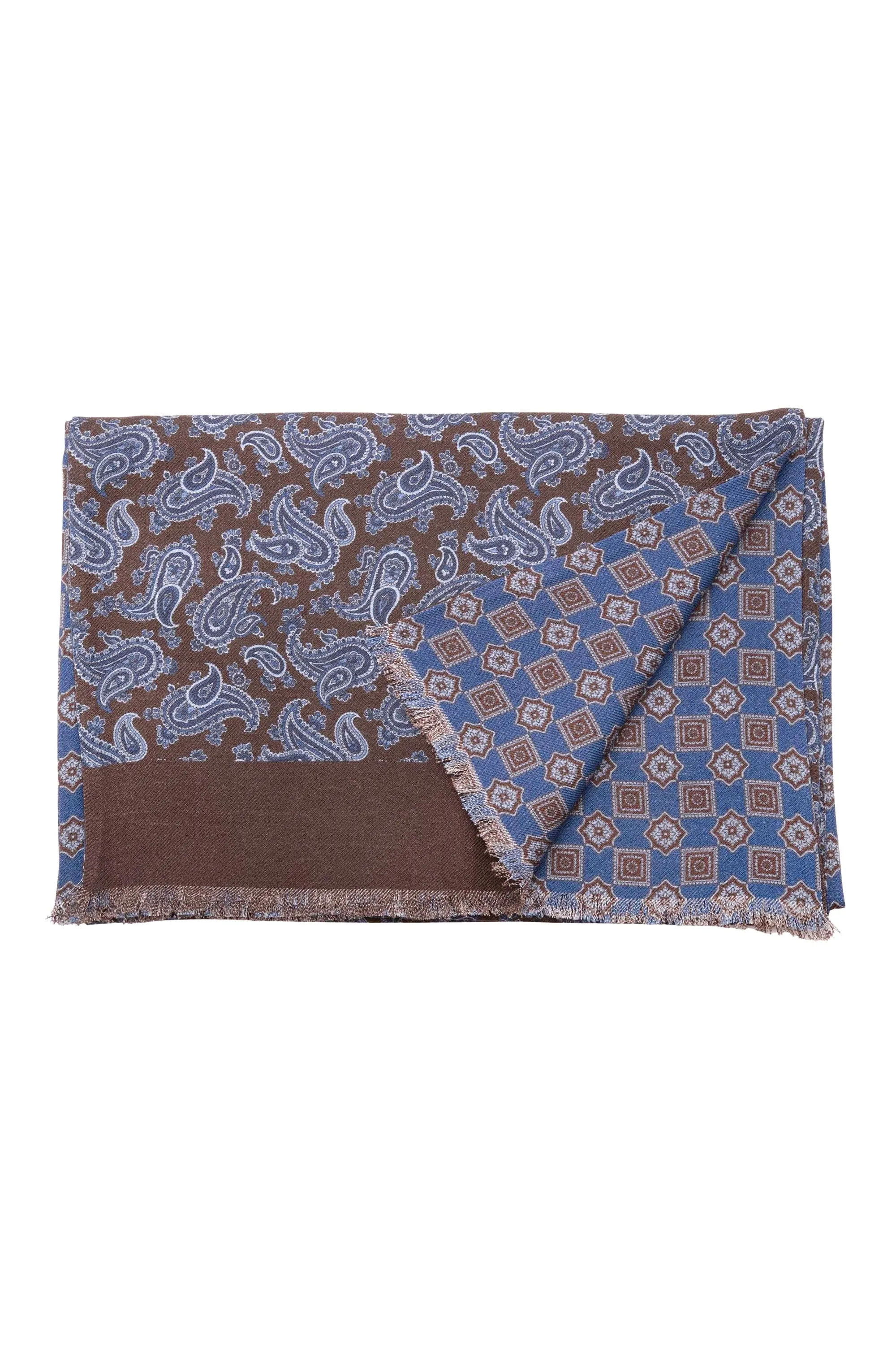 Bronze-Blue Paisley & Diamond Double Sided Scarf