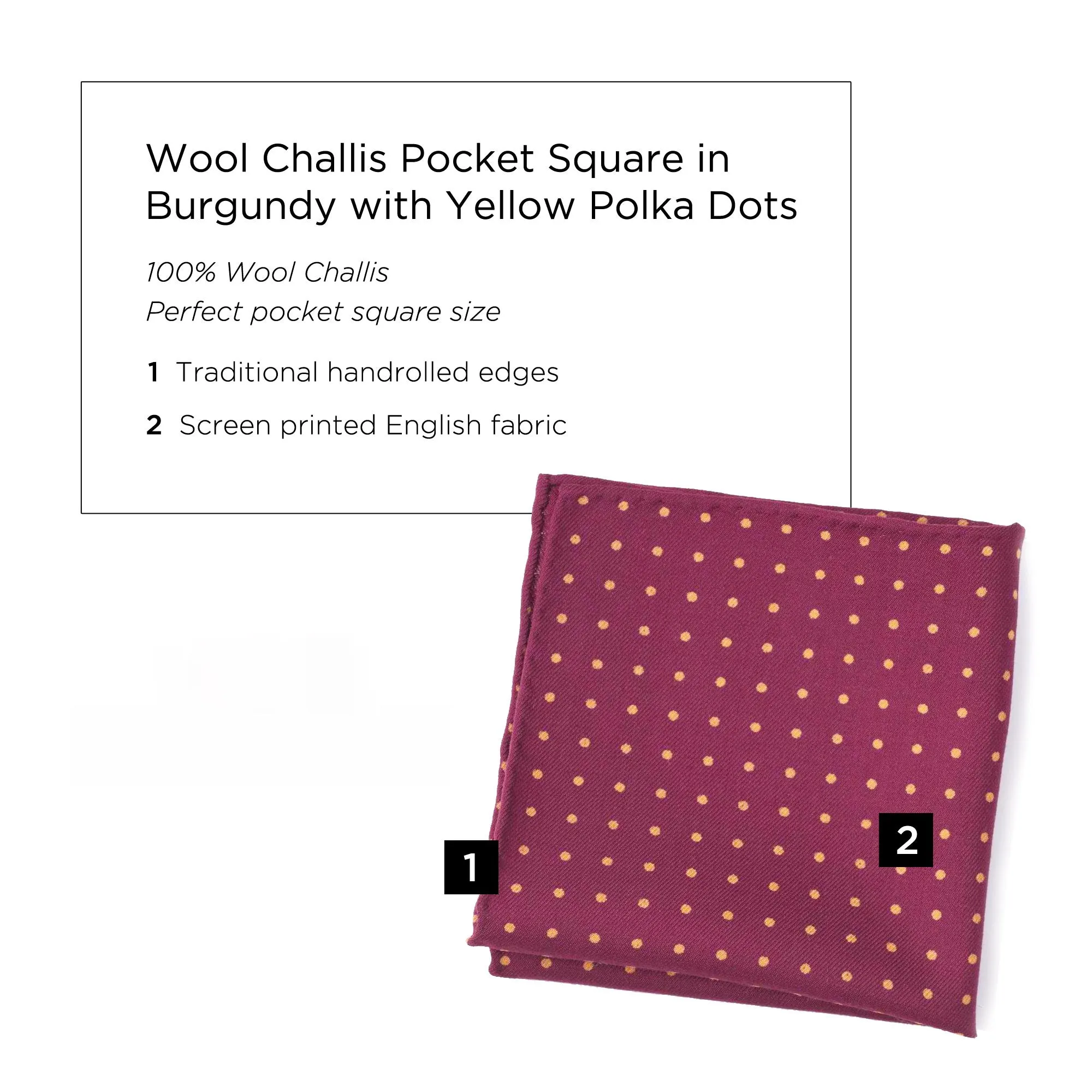 Burgundy & Yellow Polka Dot Wool Challis Pocket Square