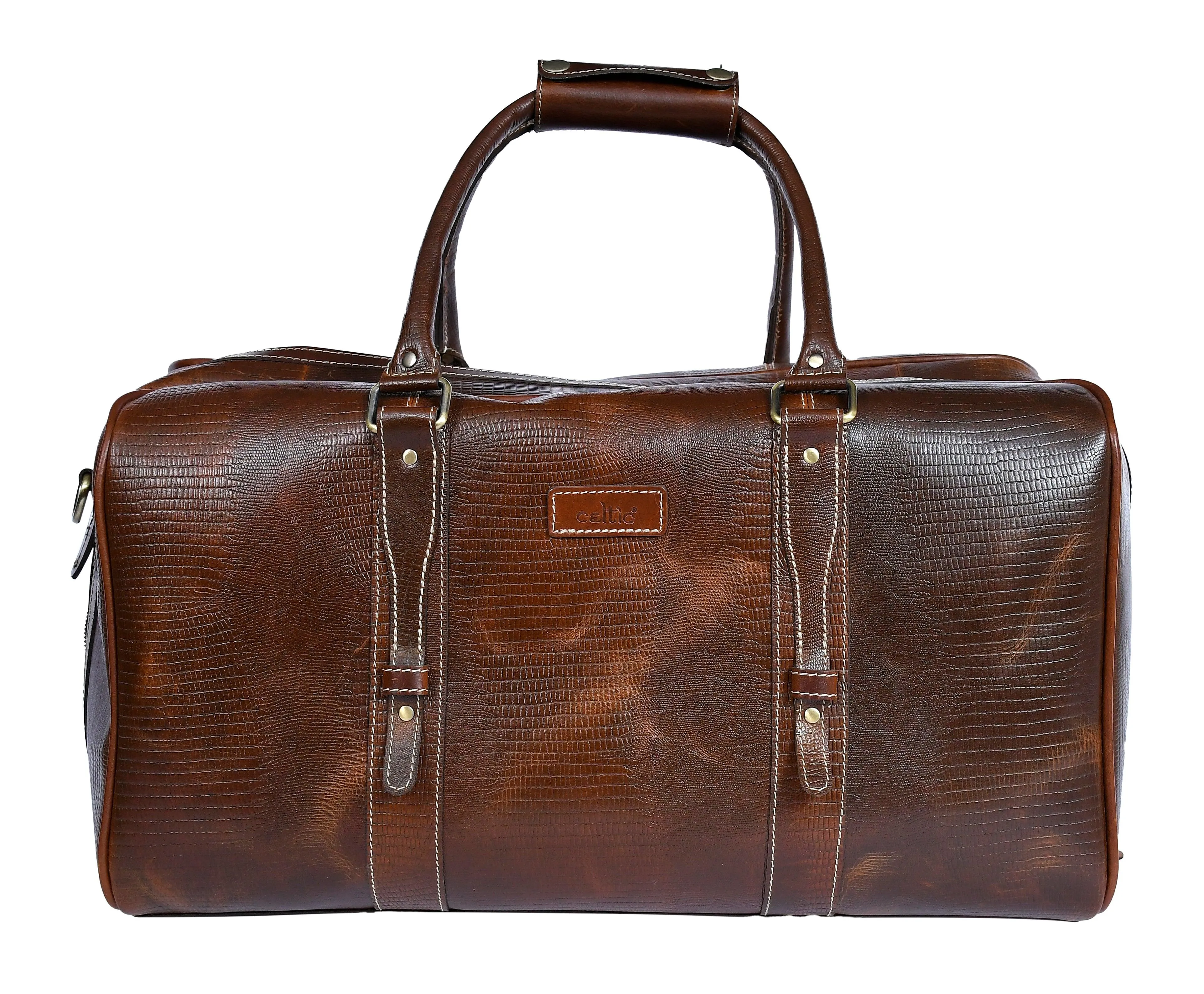 Celtic Brown Color Pure Leather Duffel Bag for Travelling | Handmade Weekender Bag, Art: BG-1713