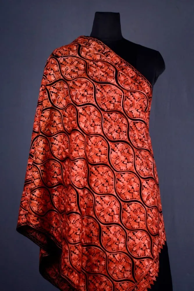 Charcoal Black Famous Mutka Jaal Patterned Aari Work Semi Pashmina Stole Crafted Impeccably