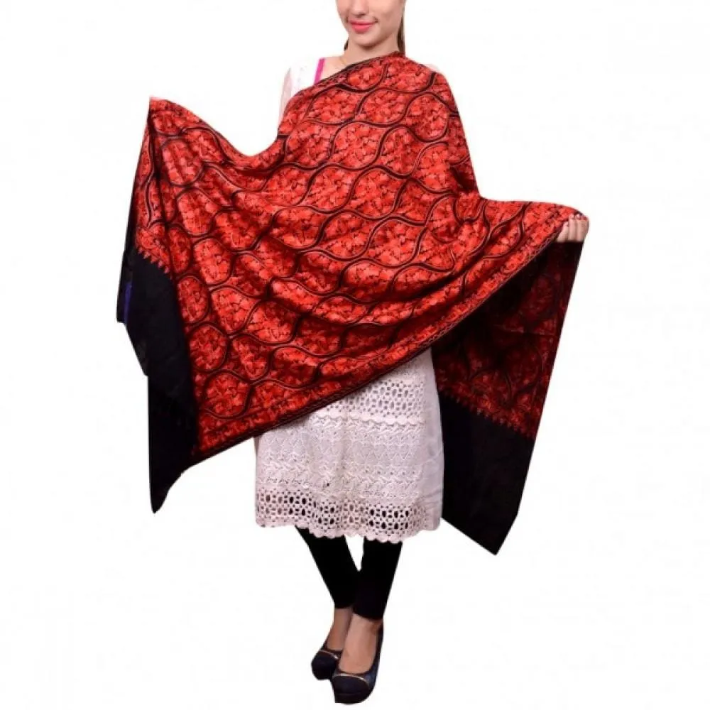 Charcoal Black Famous Mutka Jaal Patterned Aari Work Semi Pashmina Stole Crafted Impeccably