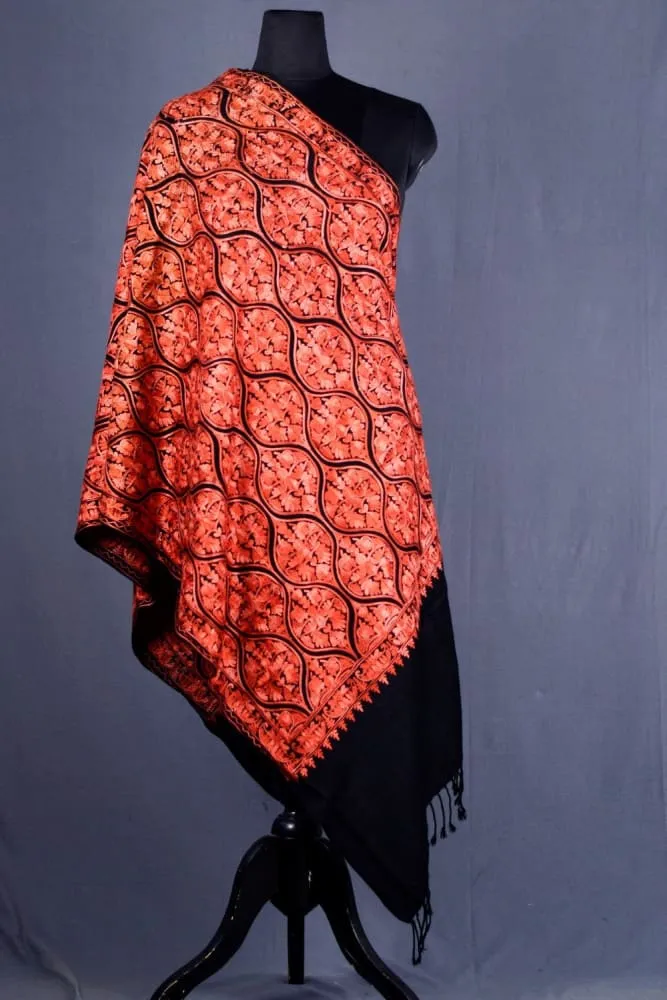 Charcoal Black Famous Mutka Jaal Patterned Aari Work Semi Pashmina Stole Crafted Impeccably