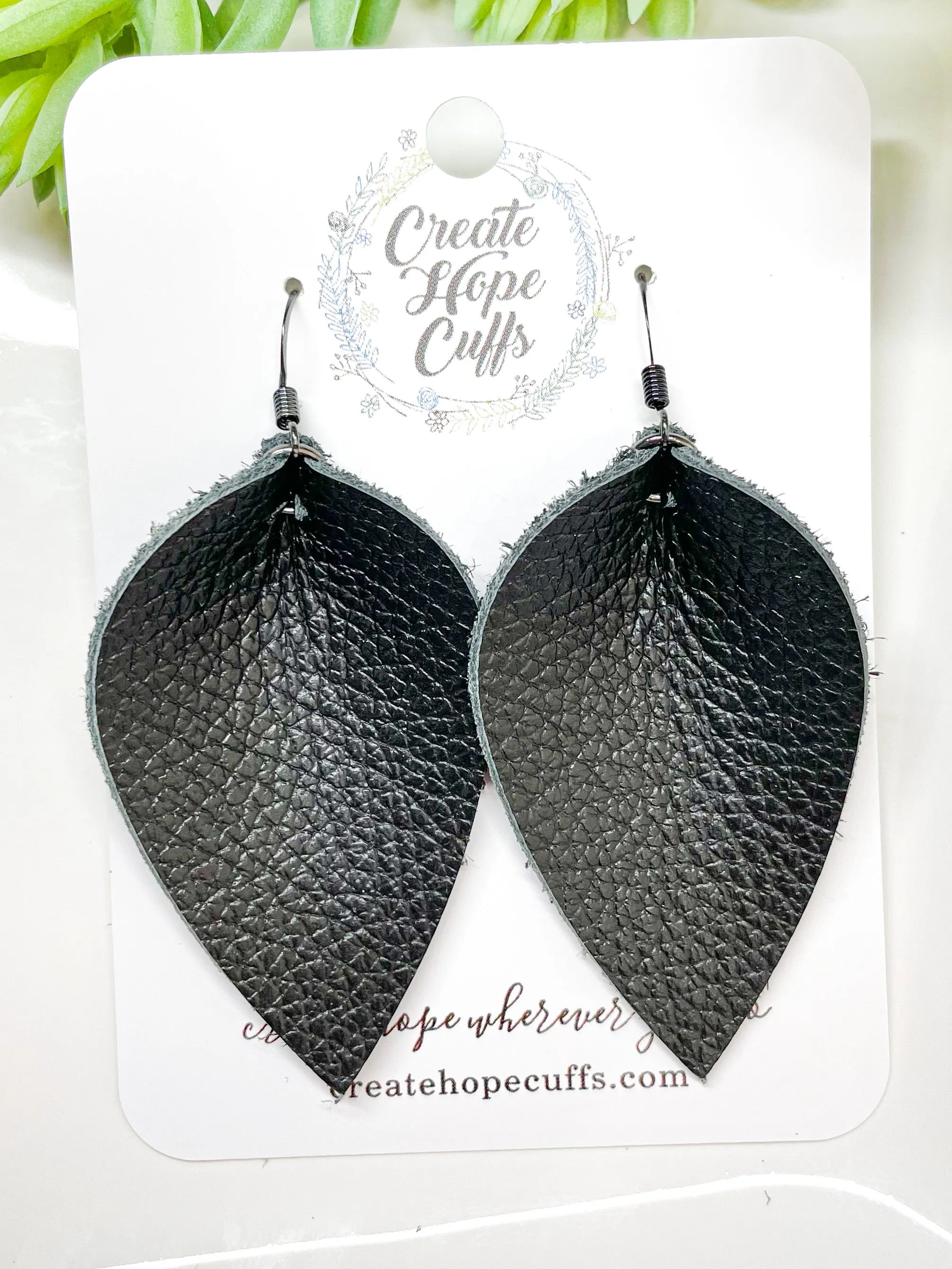 Classic Black Leather Petal Earrings | 2 sizes | Hypoallergenic | Women | CLEARANCE