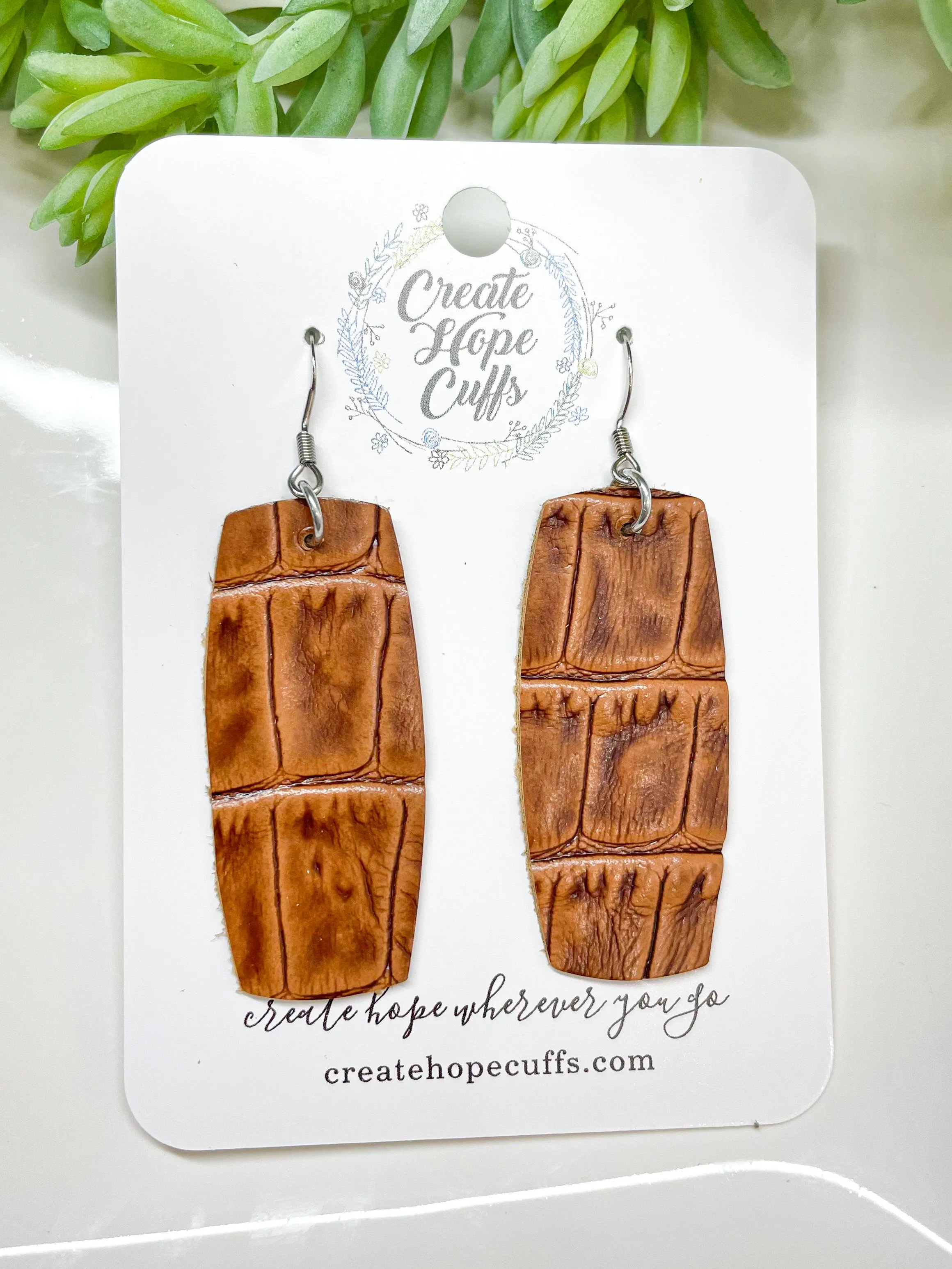 Classic Brown Crocodile Leather Bar Earrings | Stacked | Hypoallergenic | Women | CLEARANCE