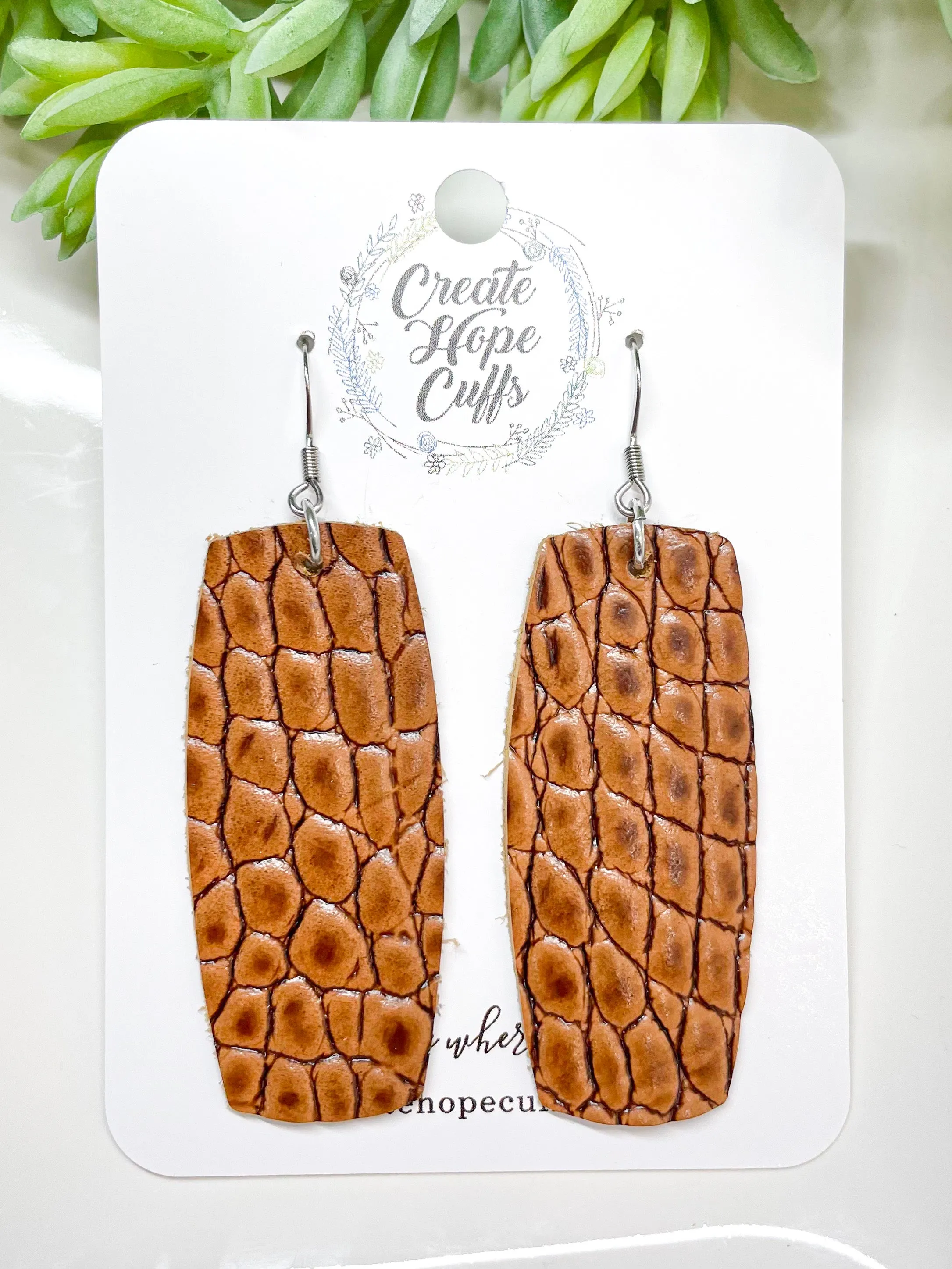 Classic Brown Crocodile Leather Bar Earrings | Stacked | Hypoallergenic | Women | CLEARANCE