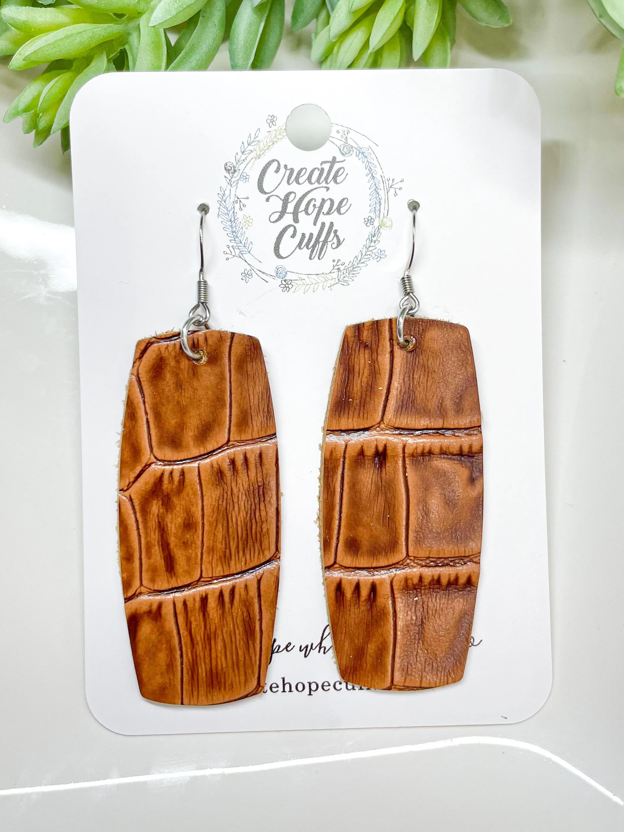 Classic Brown Crocodile Leather Bar Earrings | Stacked | Hypoallergenic | Women | CLEARANCE