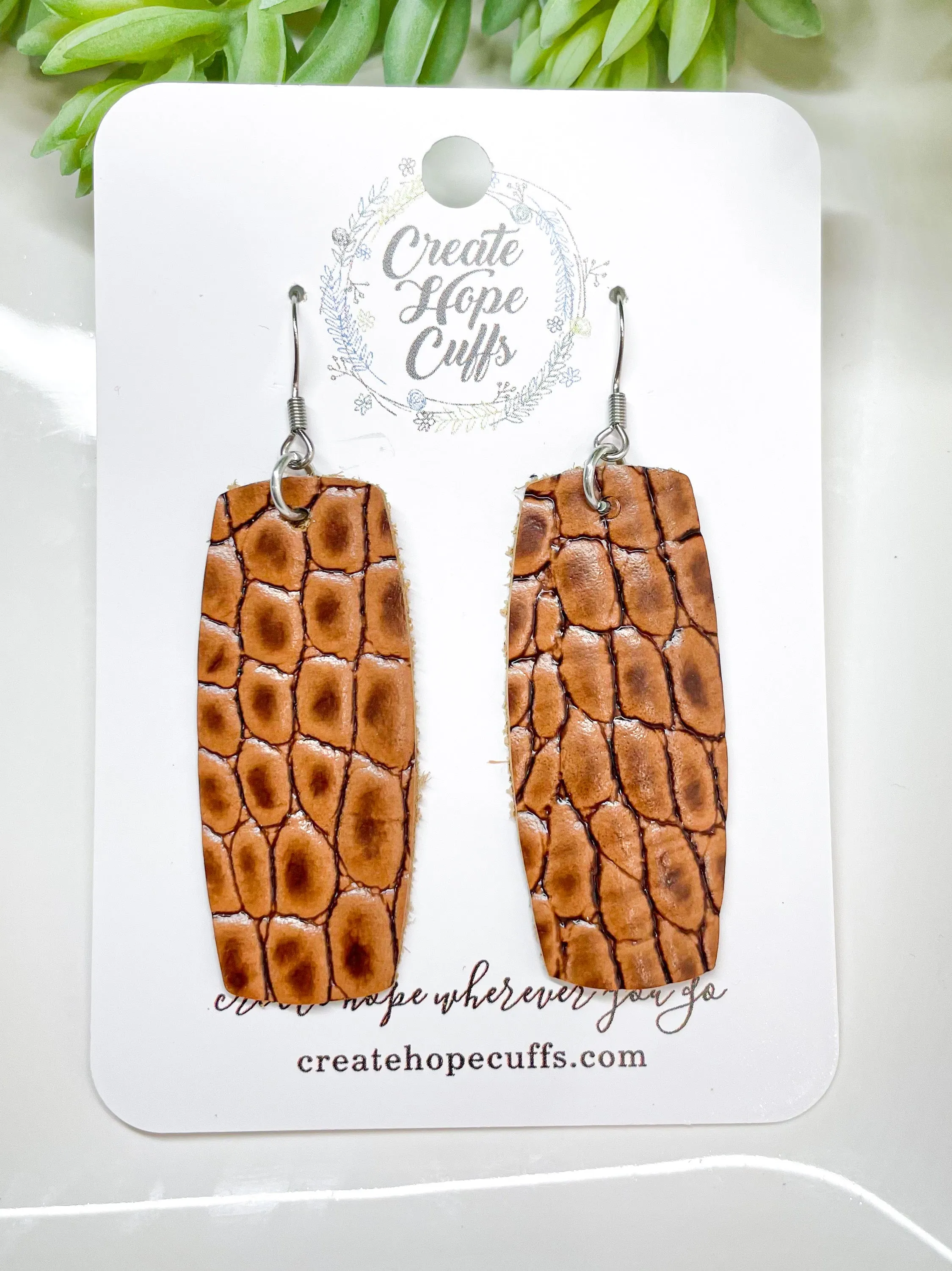 Classic Brown Crocodile Leather Bar Earrings | Stacked | Hypoallergenic | Women | CLEARANCE