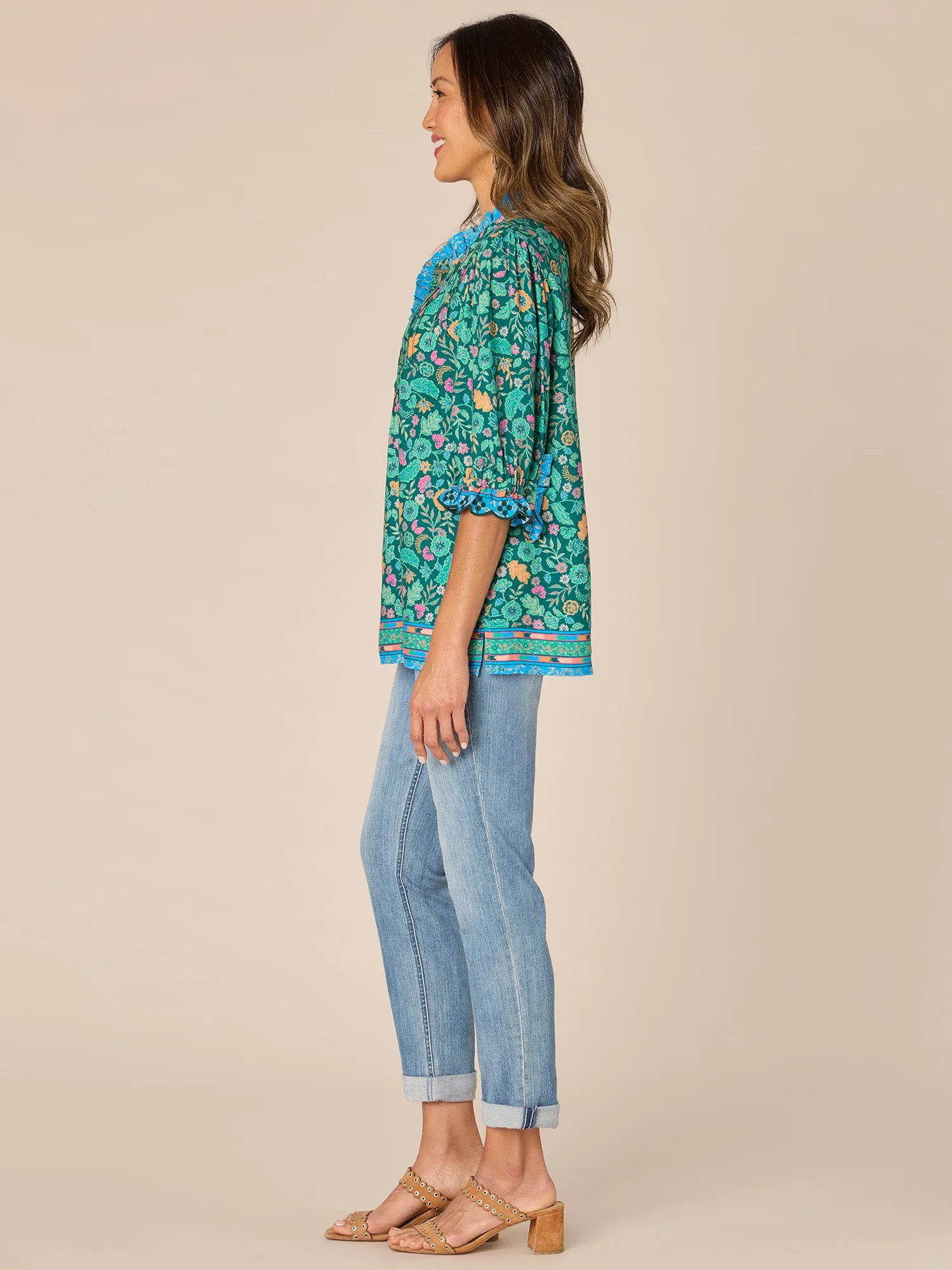 Elbow Scallop Sleeve Ruffle Round Neck Floral Print Woven Top