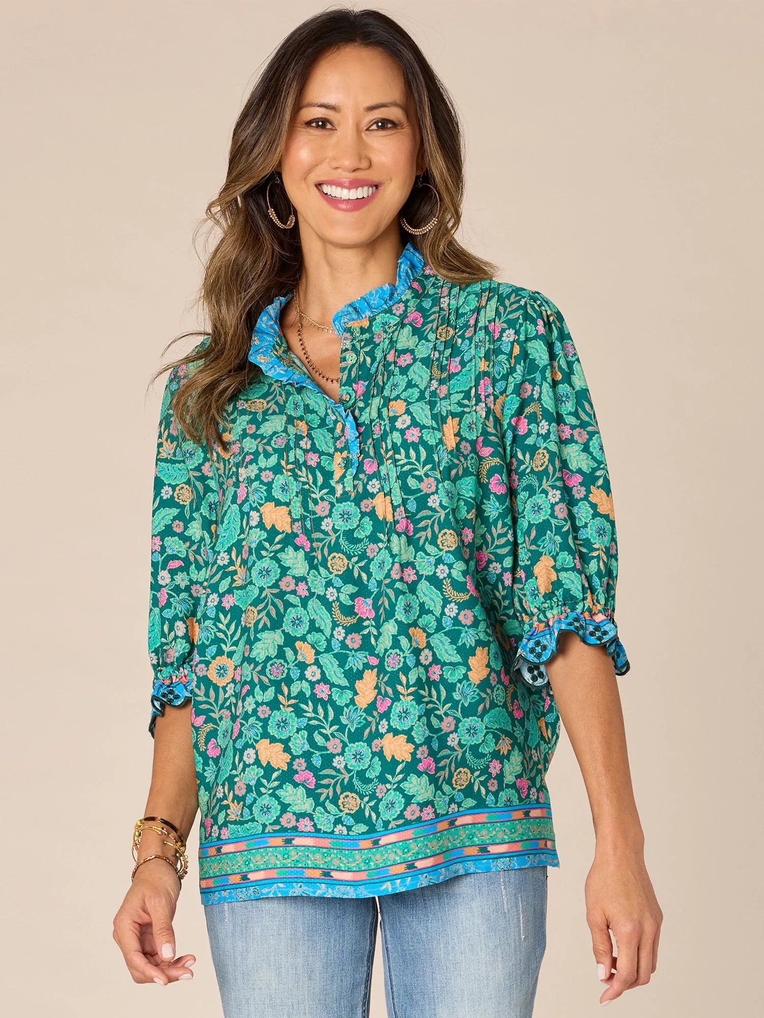 Elbow Scallop Sleeve Ruffle Round Neck Floral Print Woven Top