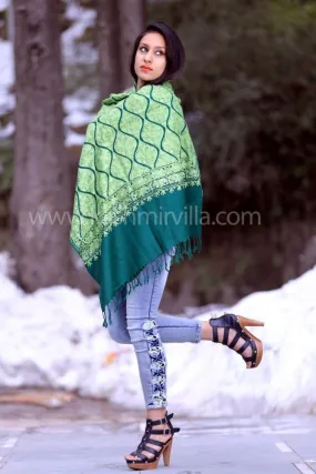 Florishing Green Colour Famous Mutka Patterned Aari Work Semi Pashmina Stole Crafted Impeccably