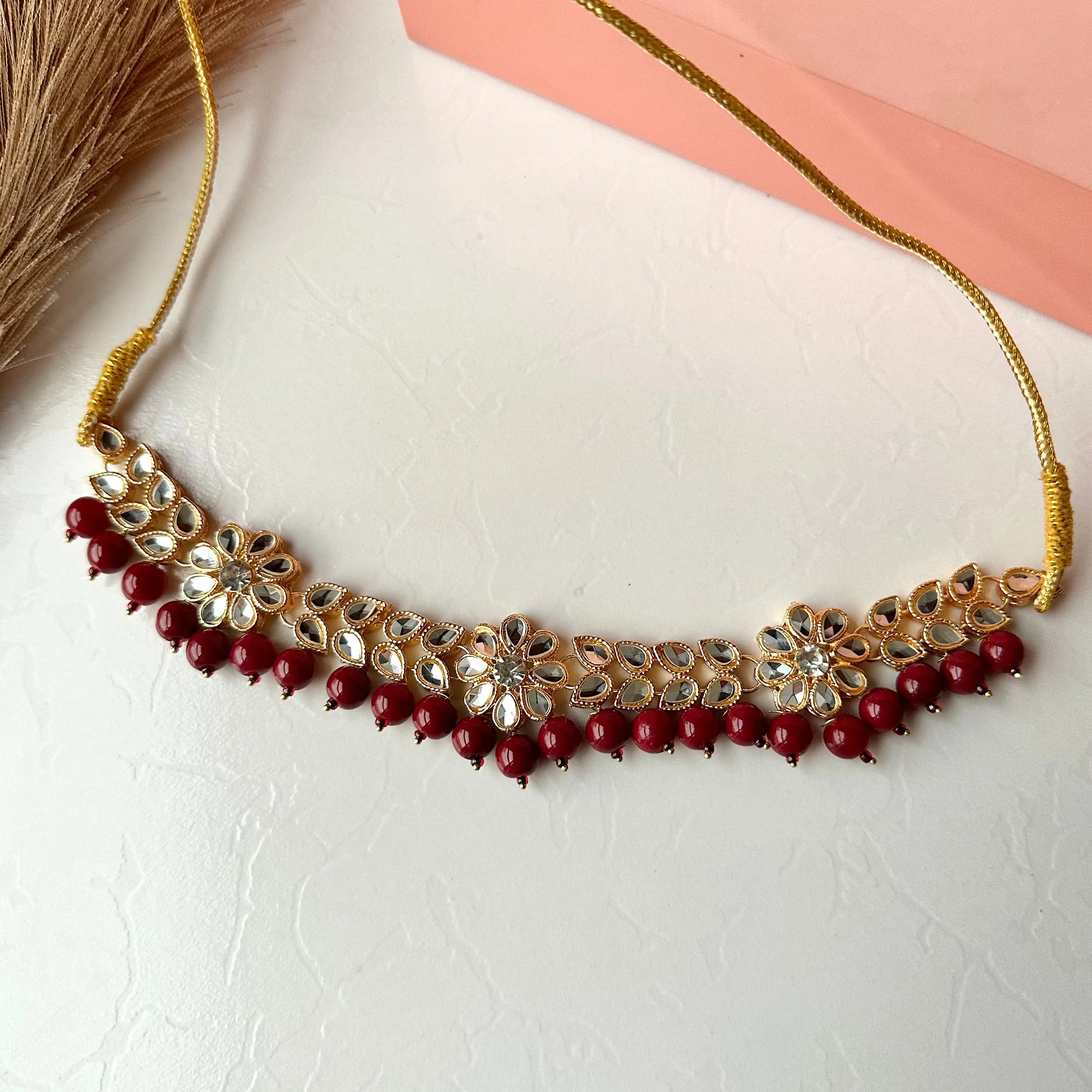 Flower Kundan Necklace (Maroon)