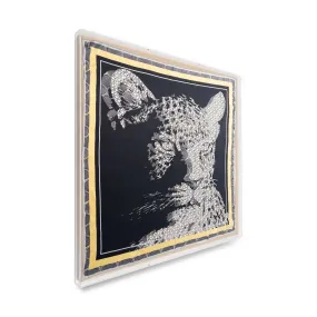 Framed Cartier Black Diamond Leopard Scarf in a 36x36x2 Shadowbox